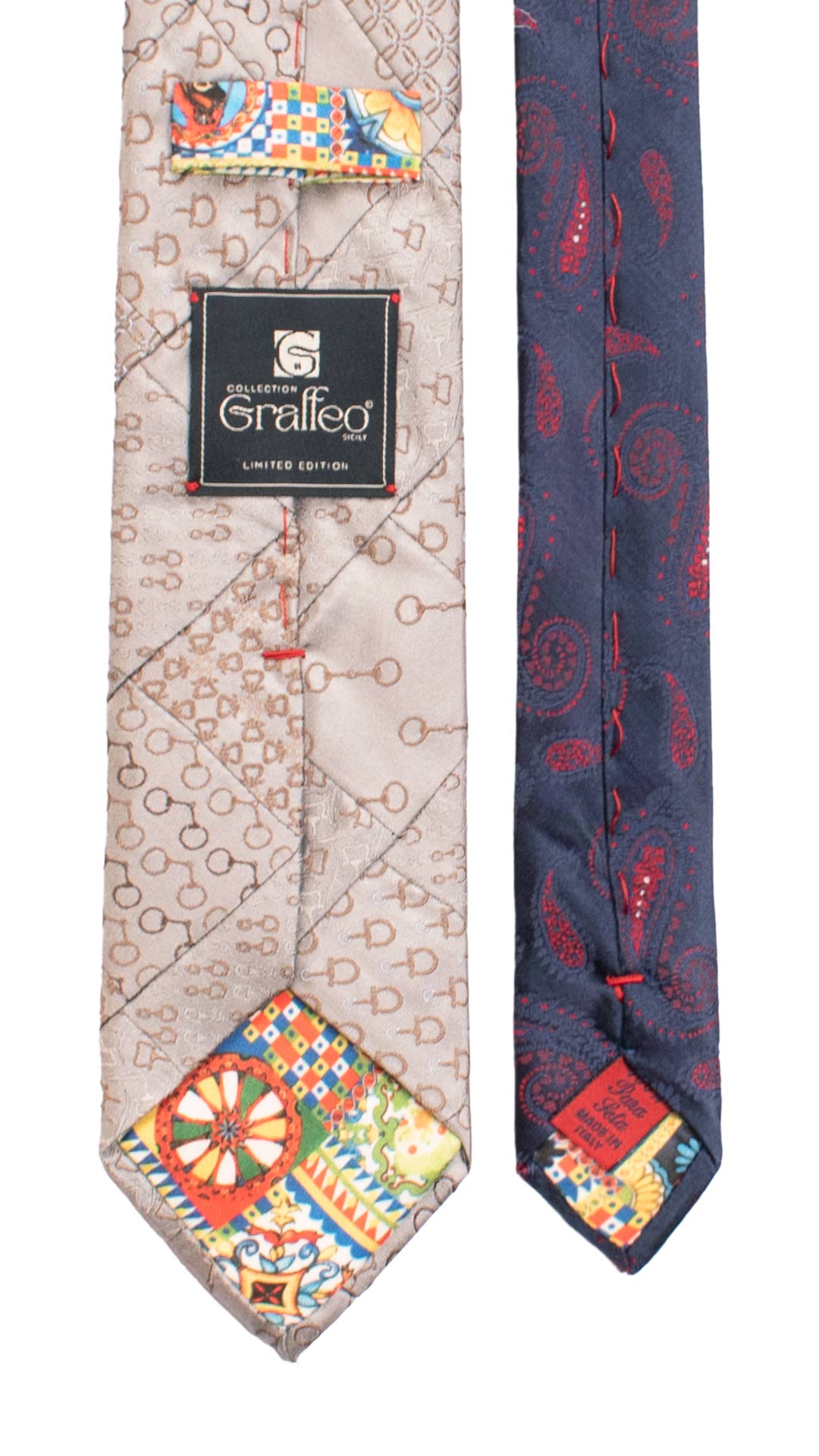 Cravatta Mosaico Vintage Patchwork di Seta Grigia Fantasia Marrone Ruggine Celeste PM1133 Graffeo Cravatte Made in Italy Pala