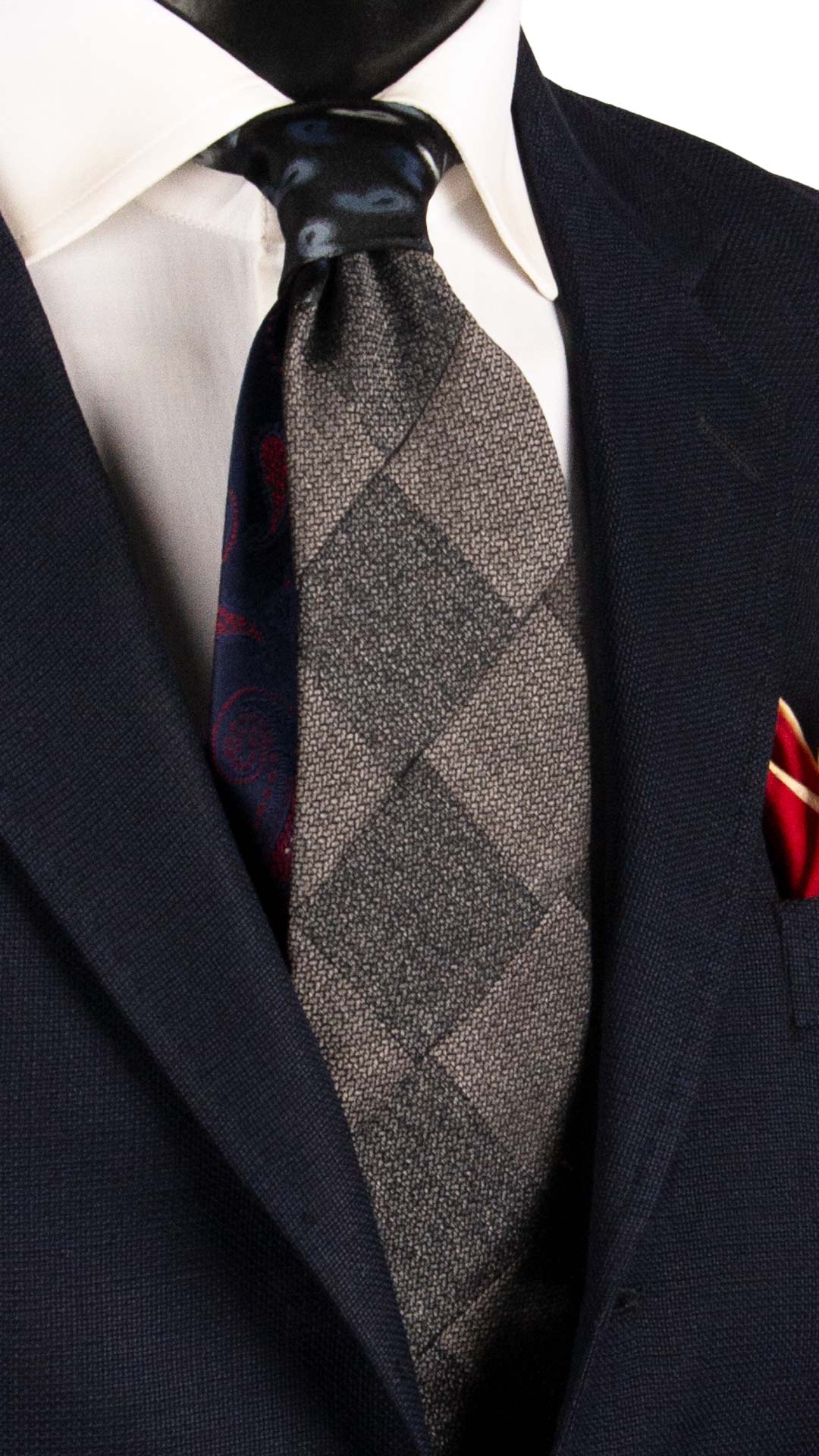 Cravatta Mosaico Vintage Patchwork di Seta Grigia Paisley Blu Avio PM1160 Graffeo Cravatte Made in Italy