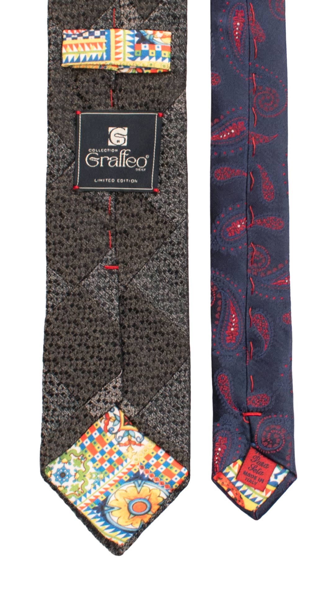 Cravatta Mosaico Vintage Patchwork di Seta Grigio Nera Paisley Blu Avio PM1141 Graffeo Cravatte Made in Italy Pala