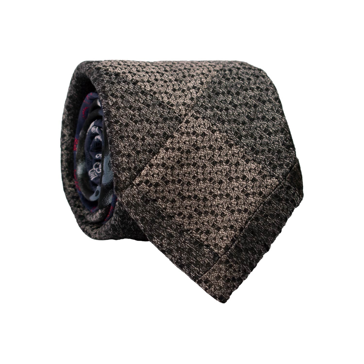 Cravatta Mosaico Vintage Patchwork di Seta Grigio Nera Paisley Blu Avio PM1141 Graffeo Cravatte Made in Italy Rotolo