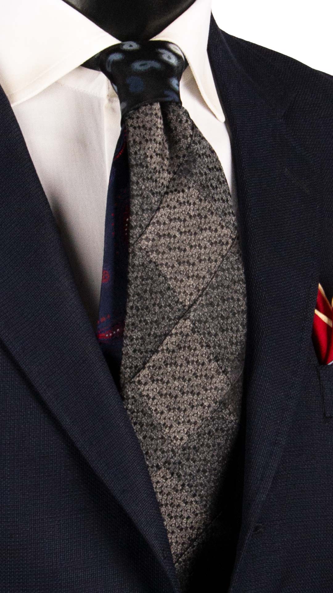 Cravatta Mosaico Vintage Patchwork di Seta Grigio Nera Paisley Blu Avio PM1141 Graffeo Cravatte Made in Italy