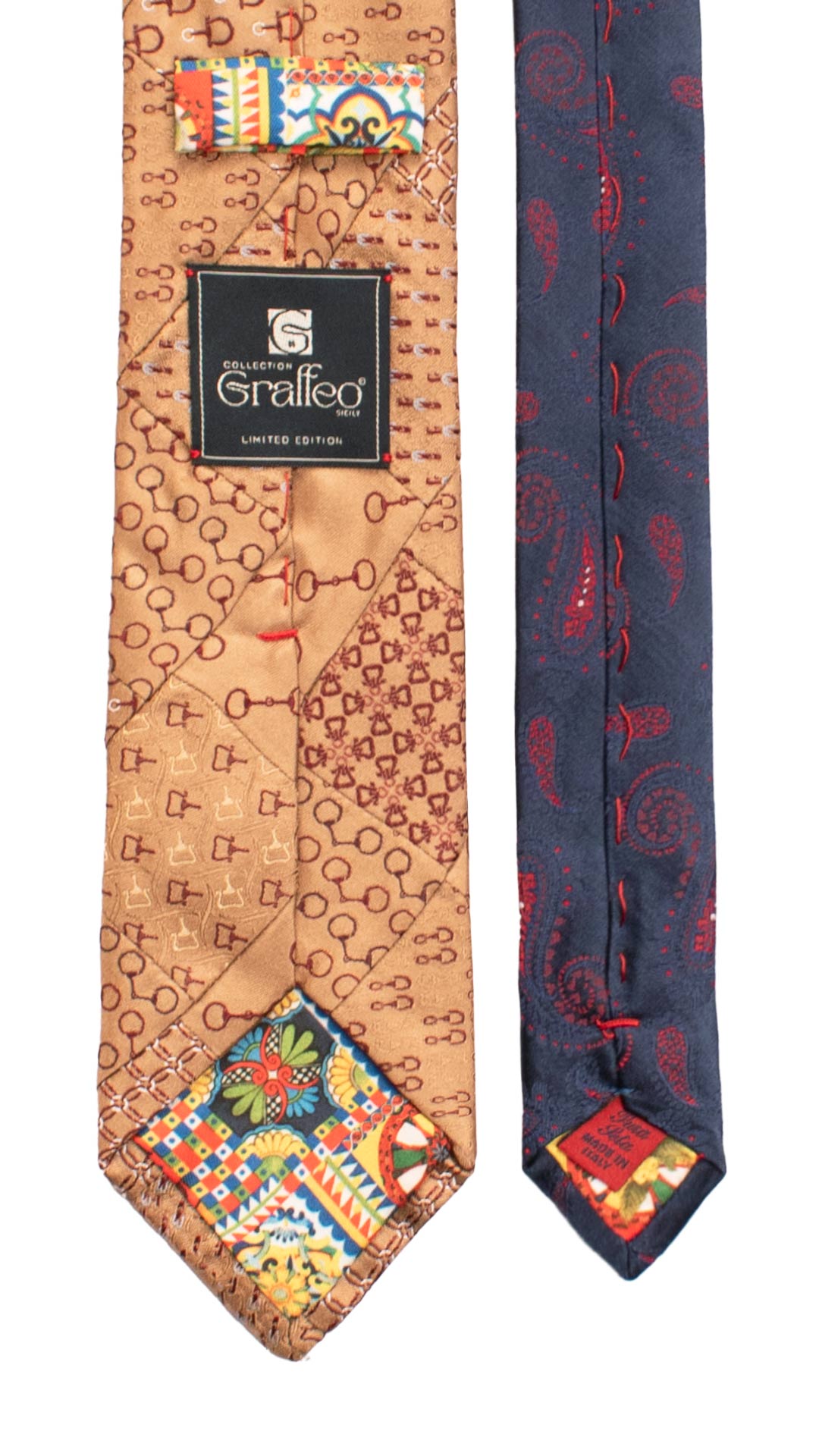 Cravatta Mosaico Vintage Patchwork di Seta Marrone Chiaro Fantasia Bordeaux Bianca Blu PM1151 Graffeo Cravatte Made in Italy Pala