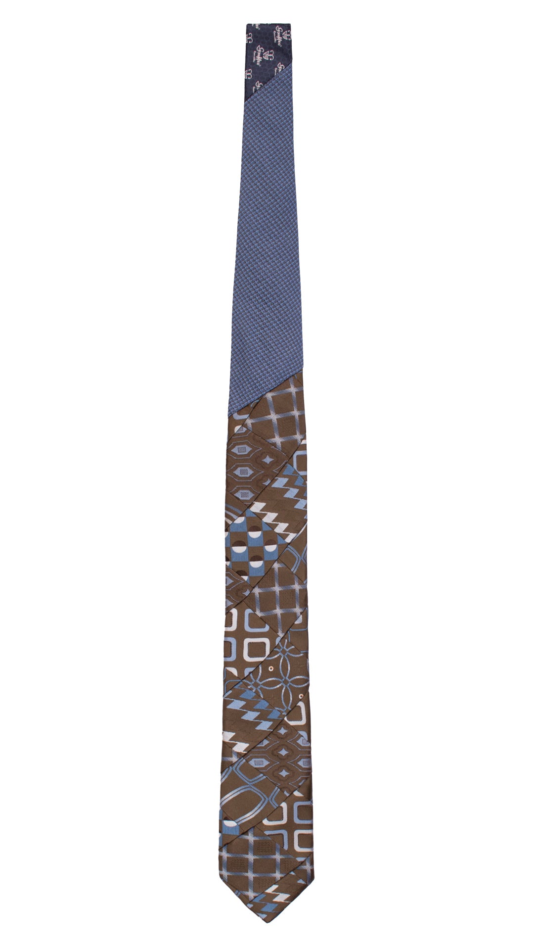 Cravatta Mosaico Vintage Patchwork di Seta Marrone Fantasia Celeste Azzurra PM1144 Graffeo Cravatte Made in Italy Intera