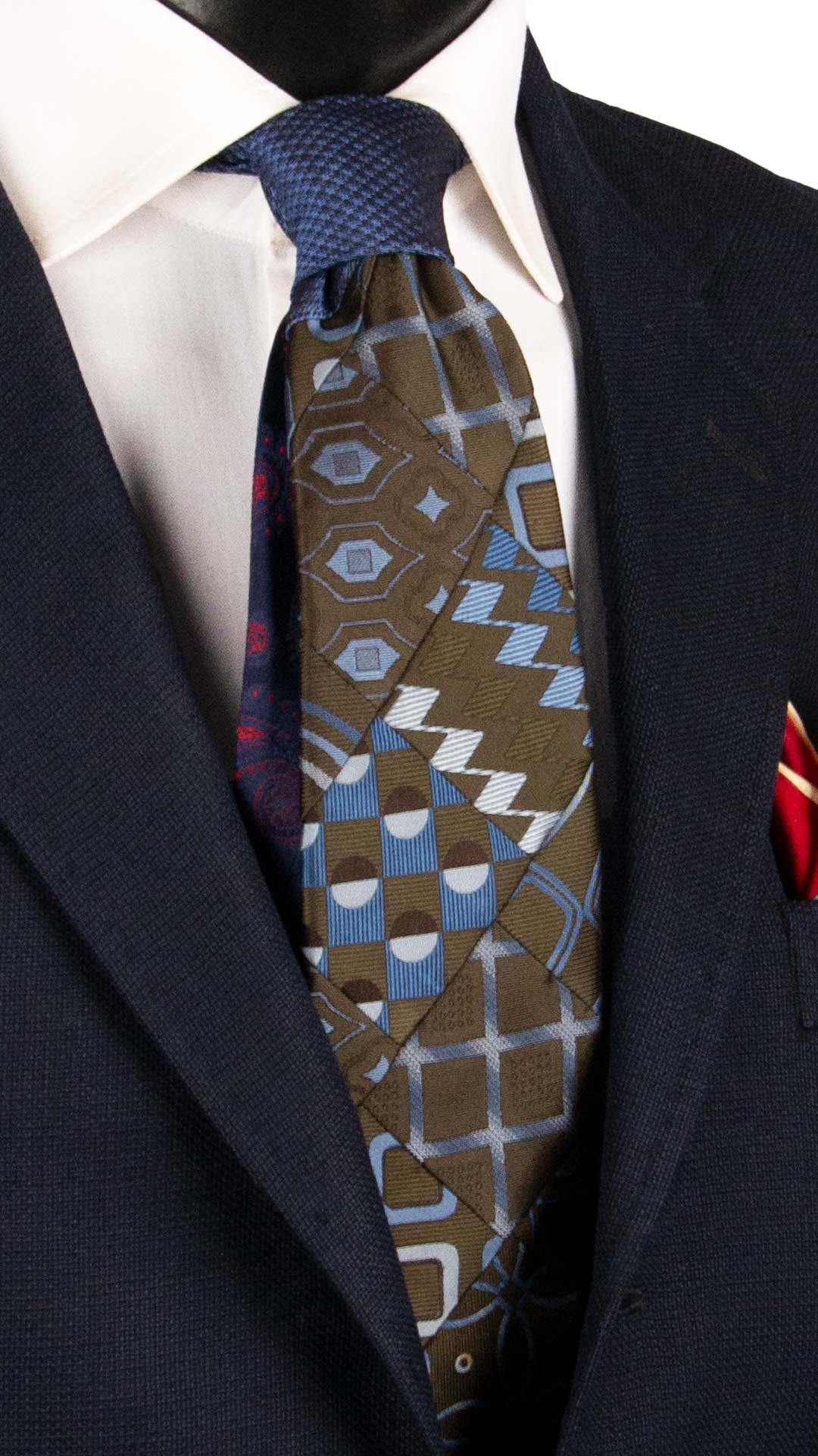 Cravatta Mosaico Vintage Patchwork di Seta Marrone Fantasia Celeste Azzurra PM1144 Graffeo Cravatte Made in Italy