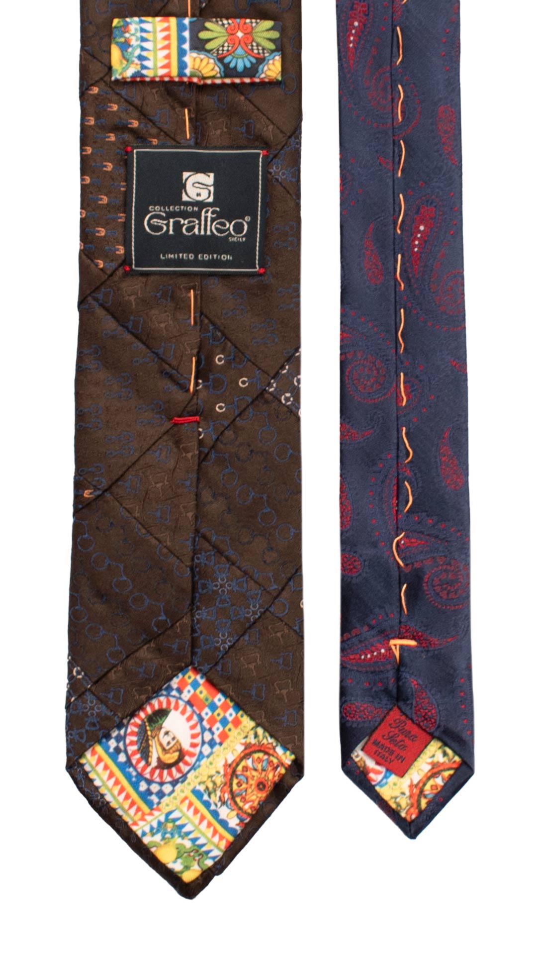 Cravatta Mosaico Vintage Patchwork di Seta Marrone Fantasia Gialla Blu Rosa Salmone PM1124 Graffeo Cravatte Made in Italy Pala