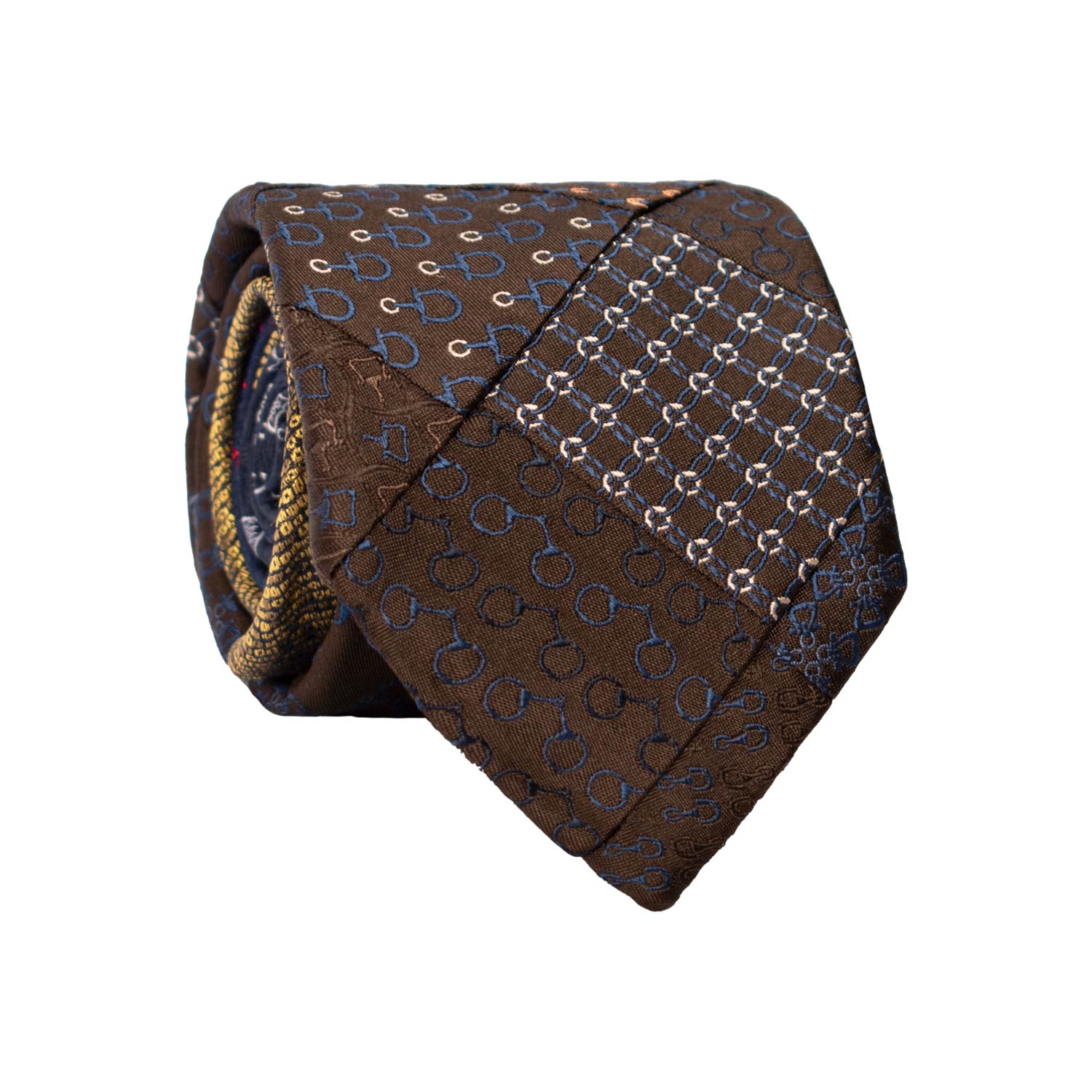 Cravatta Mosaico Vintage Patchwork di Seta Marrone Fantasia Gialla Blu Rosa Salmone PM1124 Graffeo Cravatte Made in Italy Rotolo