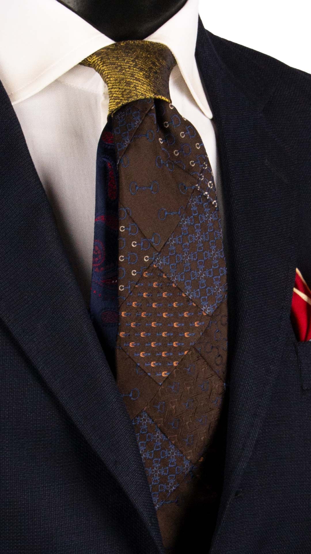 Cravatta Mosaico Vintage Patchwork di Seta Marrone Fantasia Gialla Blu Rosa Salmone PM1124 Graffeo Cravatte Made in Italy