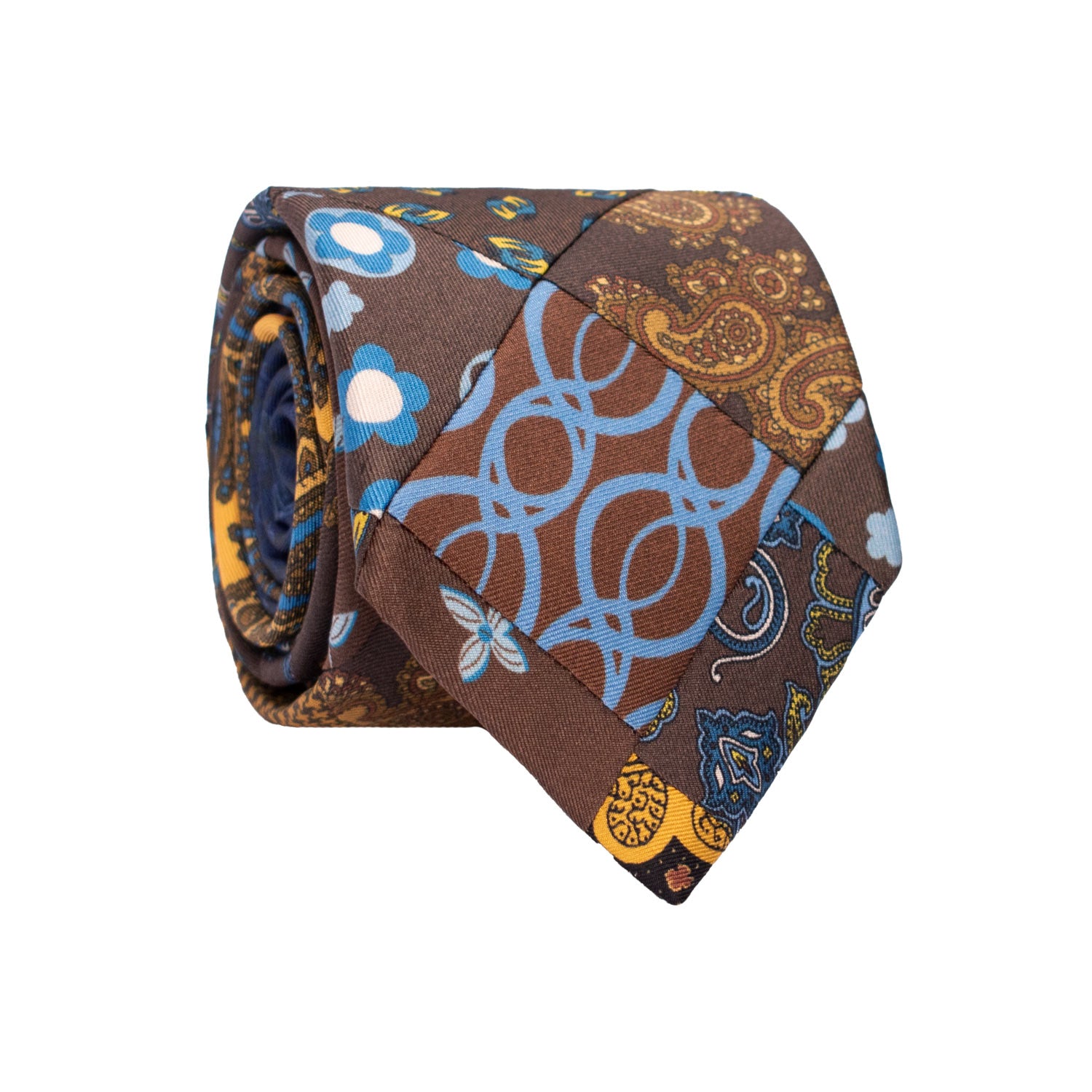 Cravatta Mosaico Vintage Patchwork di Seta Marrone Fantasia Giallo Bianco Celeste PM1220 Made in Italy Graffeo Cravatte Rotolo