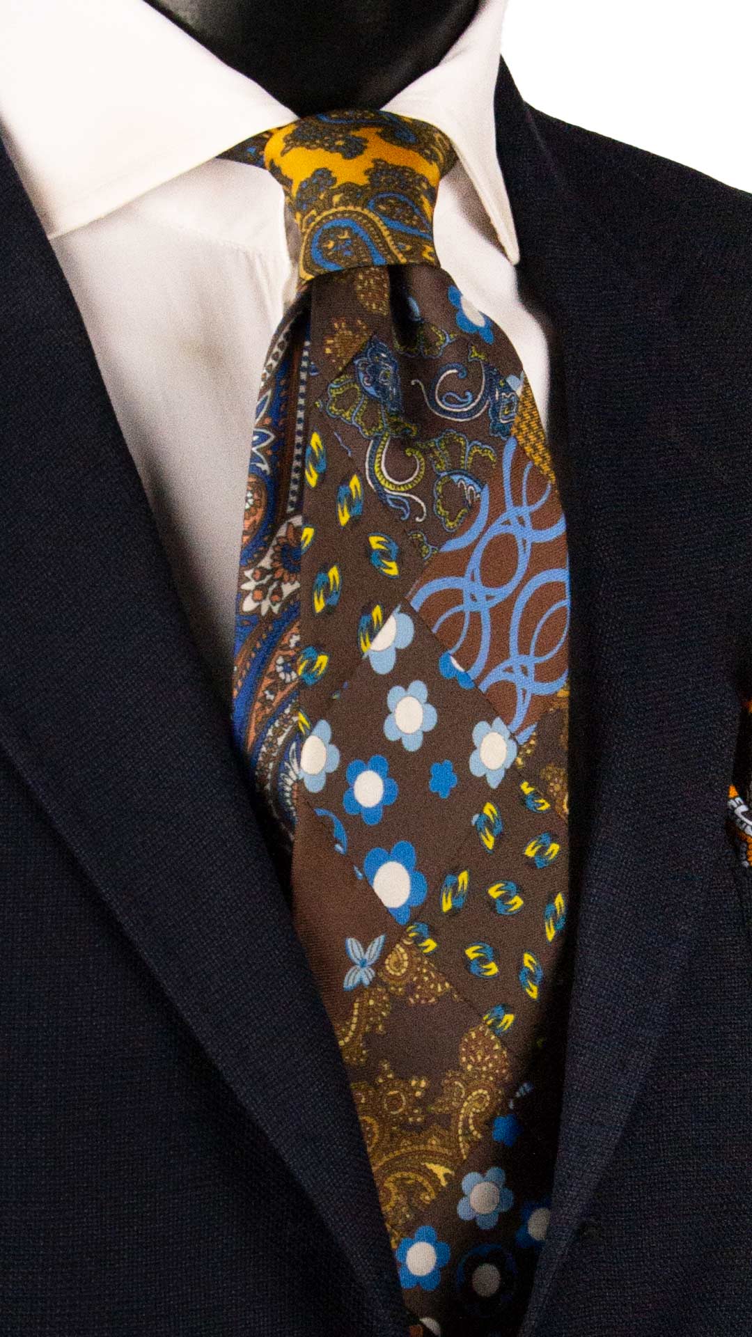 Cravatta Mosaico Vintage Patchwork di Seta Marrone Fantasia Giallo Bianco Celeste PM1220 Made in Italy Graffeo Cravatte
