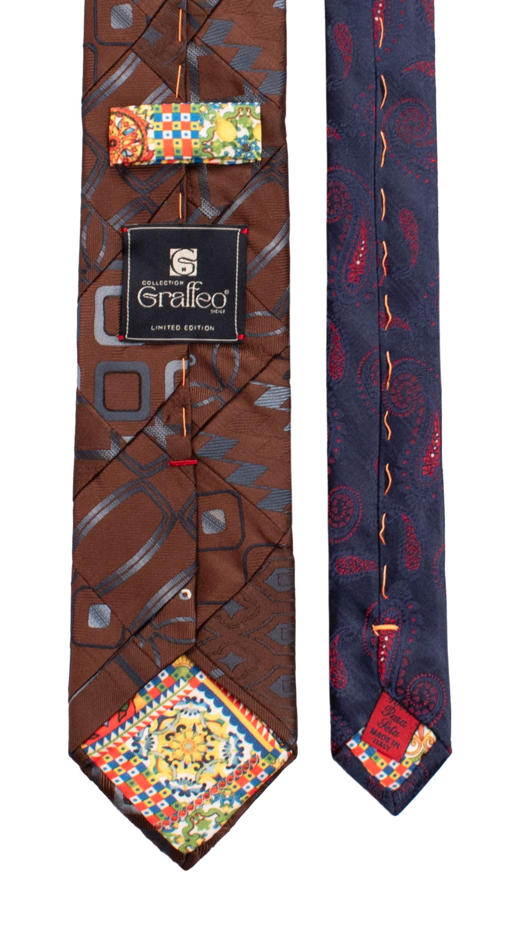 Cravatta Mosaico Vintage Patchwork di Seta Marrone Fantasia Grigia Blu Celeste PM1095 Graffeo Cravatte Made in Italy Pala