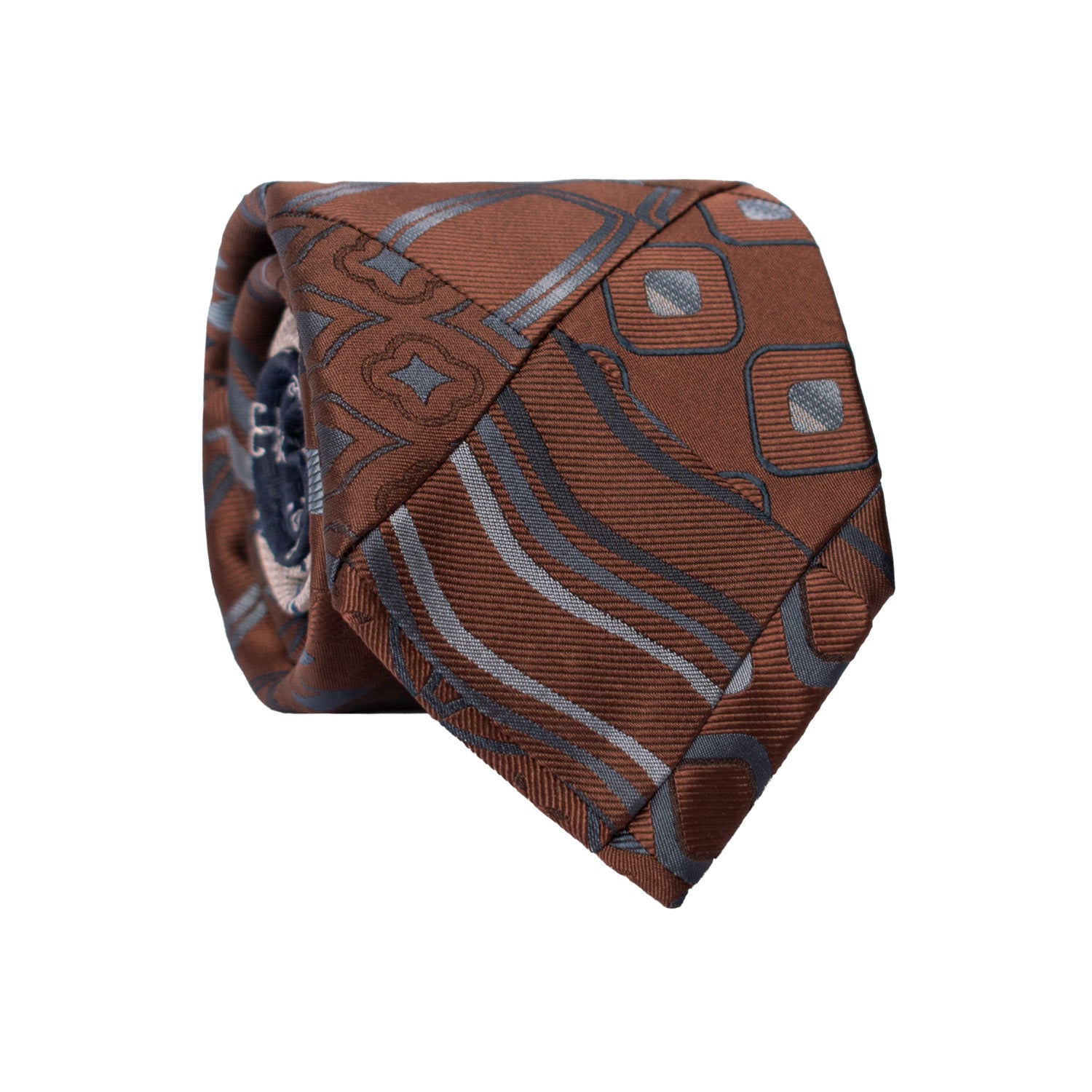 Cravatta Mosaico Vintage Patchwork di Seta Marrone Fantasia Grigia Blu Celeste PM1095 Graffeo Cravatte Made in Italy Rotolo