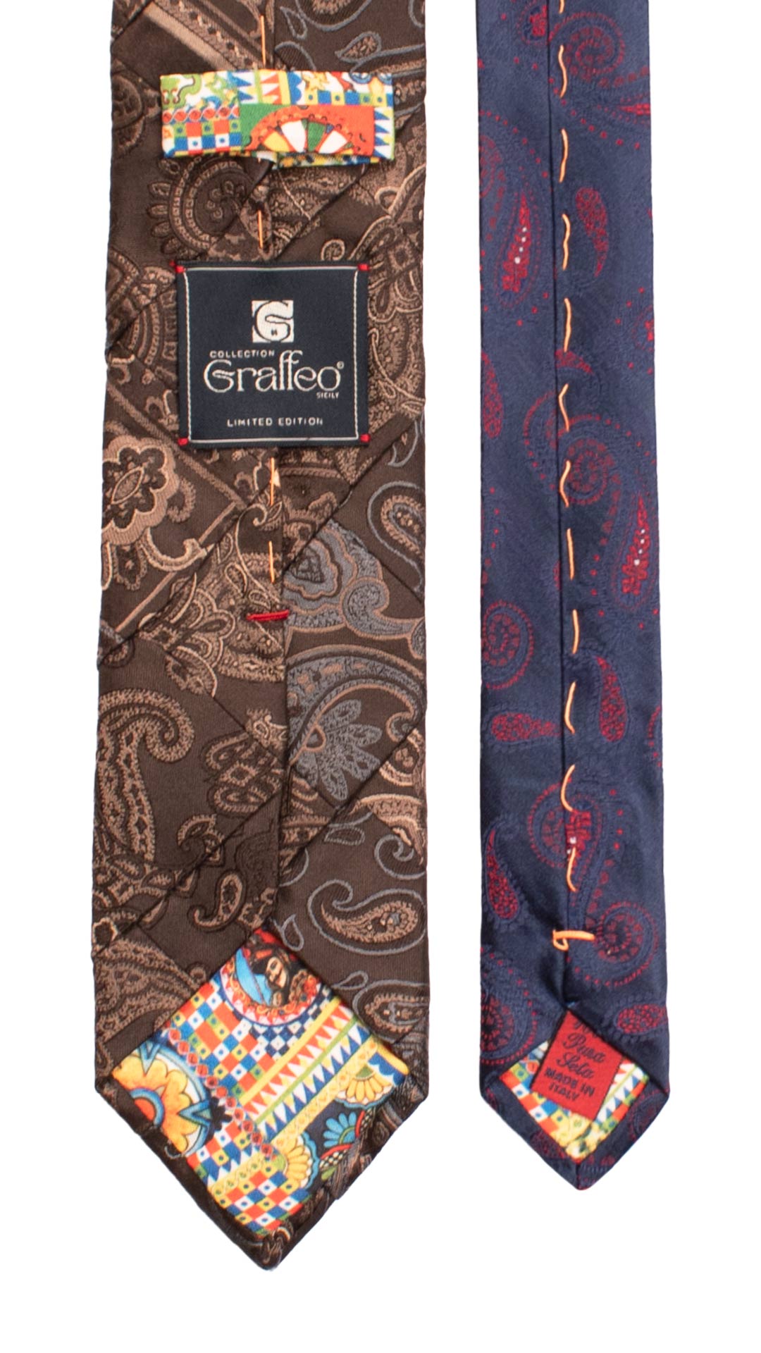 Cravatta Mosaico Vintage Patchwork di Seta Marrone Paisley Beige Grigio PM1147 Graffeo Cravatte Made in Italy Pala