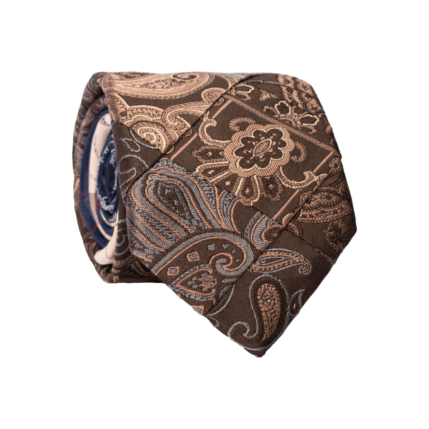 Cravatta Mosaico Vintage Patchwork di Seta Marrone Paisley Beige Grigio PM1147 Graffeo Cravatte Made in Italy Rotolo