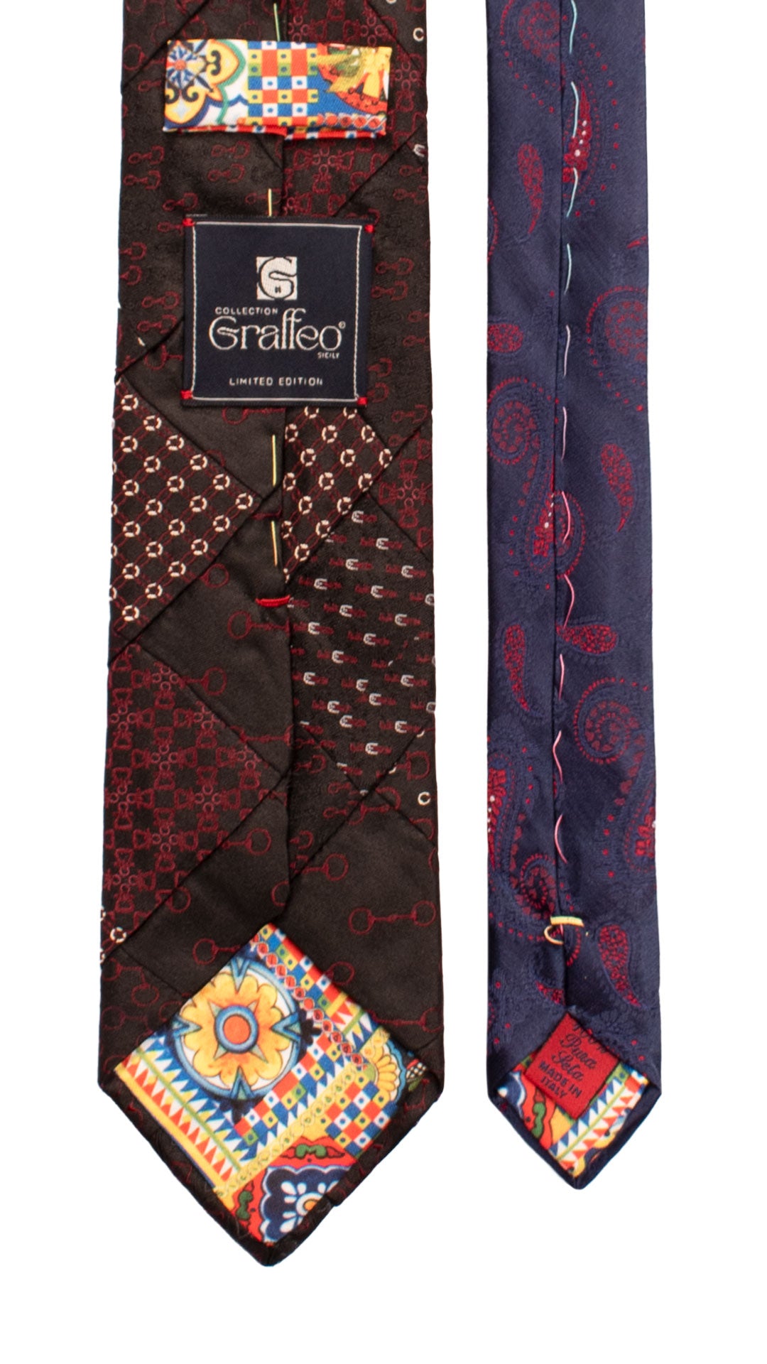 Cravatta Mosaico Vintage Patchwork di Seta Nera Fantasia Bordeaux Bianca PM1081 Graffeo Cravatte Made in Italy Pala