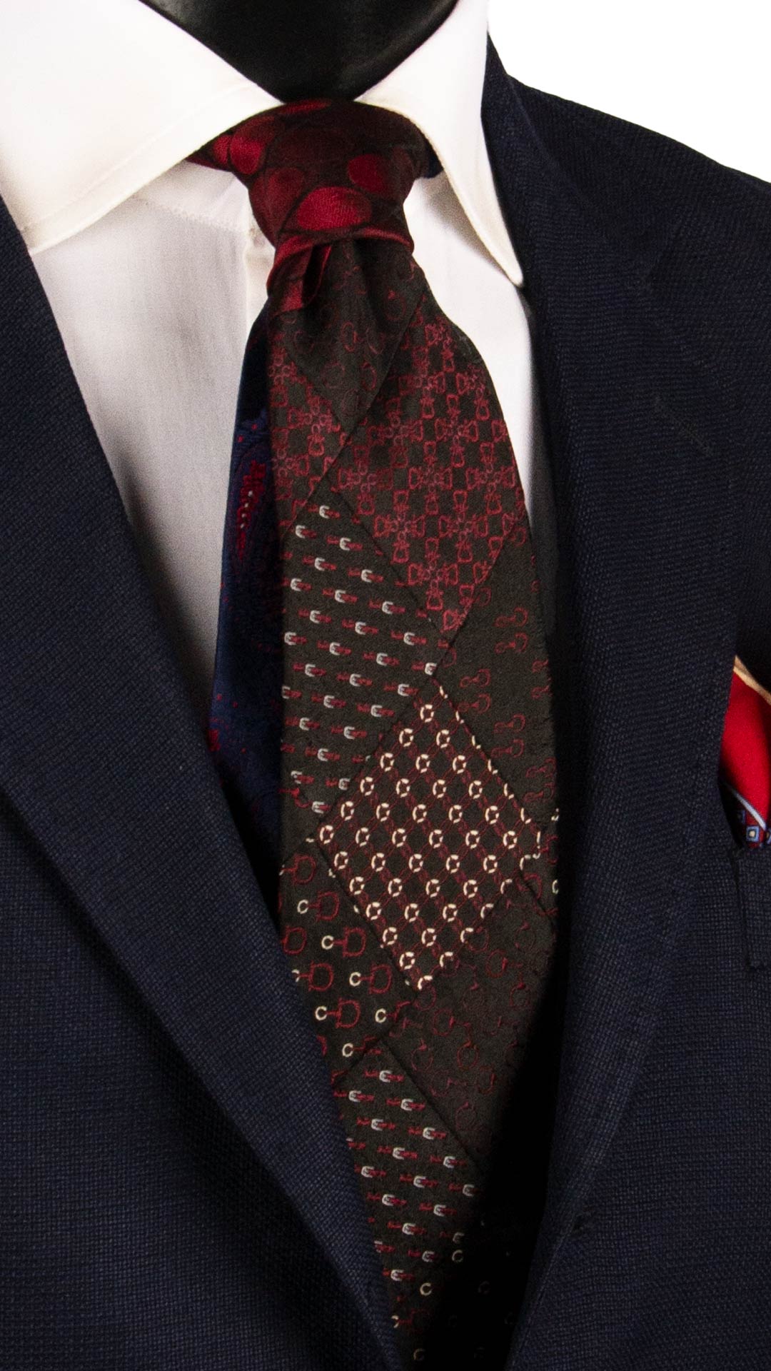 Cravatta Mosaico Vintage Patchwork di Seta Nera Fantasia Bordeaux Bianca PM1081 Graffeo Cravatte Made in Italy