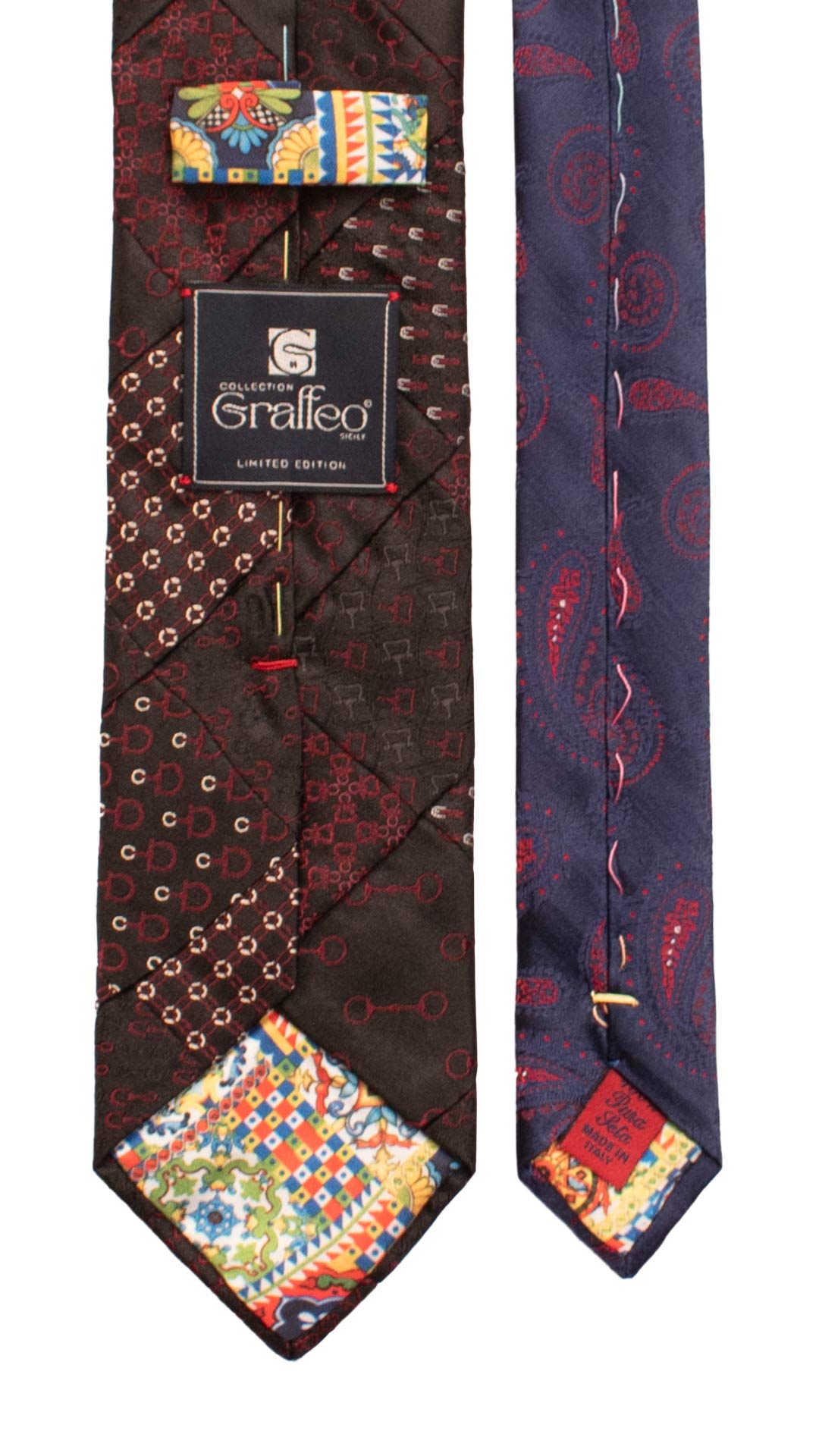 Cravatta Mosaico Vintage Patchwork di Seta Nera Fantasia Borgogna Bianca PM1136 Graffeo Cravatte Made in Italy Pala