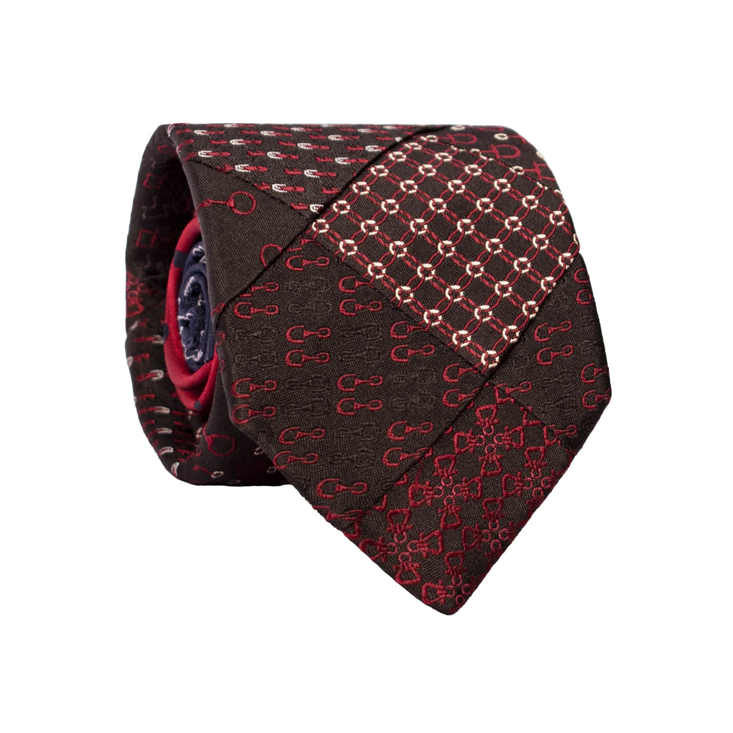 Cravatta Mosaico Vintage Patchwork di Seta Nera Fantasia Borgogna Bianca PM1136 Graffeo Cravatte Made in Italy Rotolo