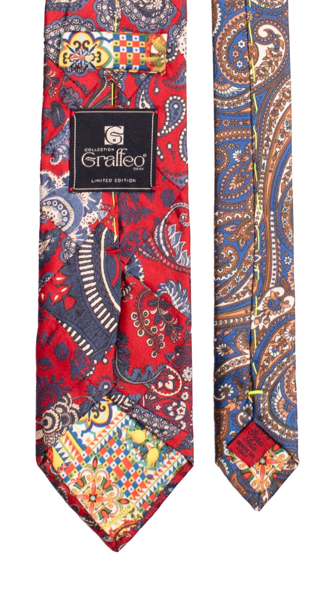 Cravatta Mosaico Vintage Patchwork di Seta Rossa Paisley Bianco Blu PM1228 Made in Italy Graffeo Cravatte Pala