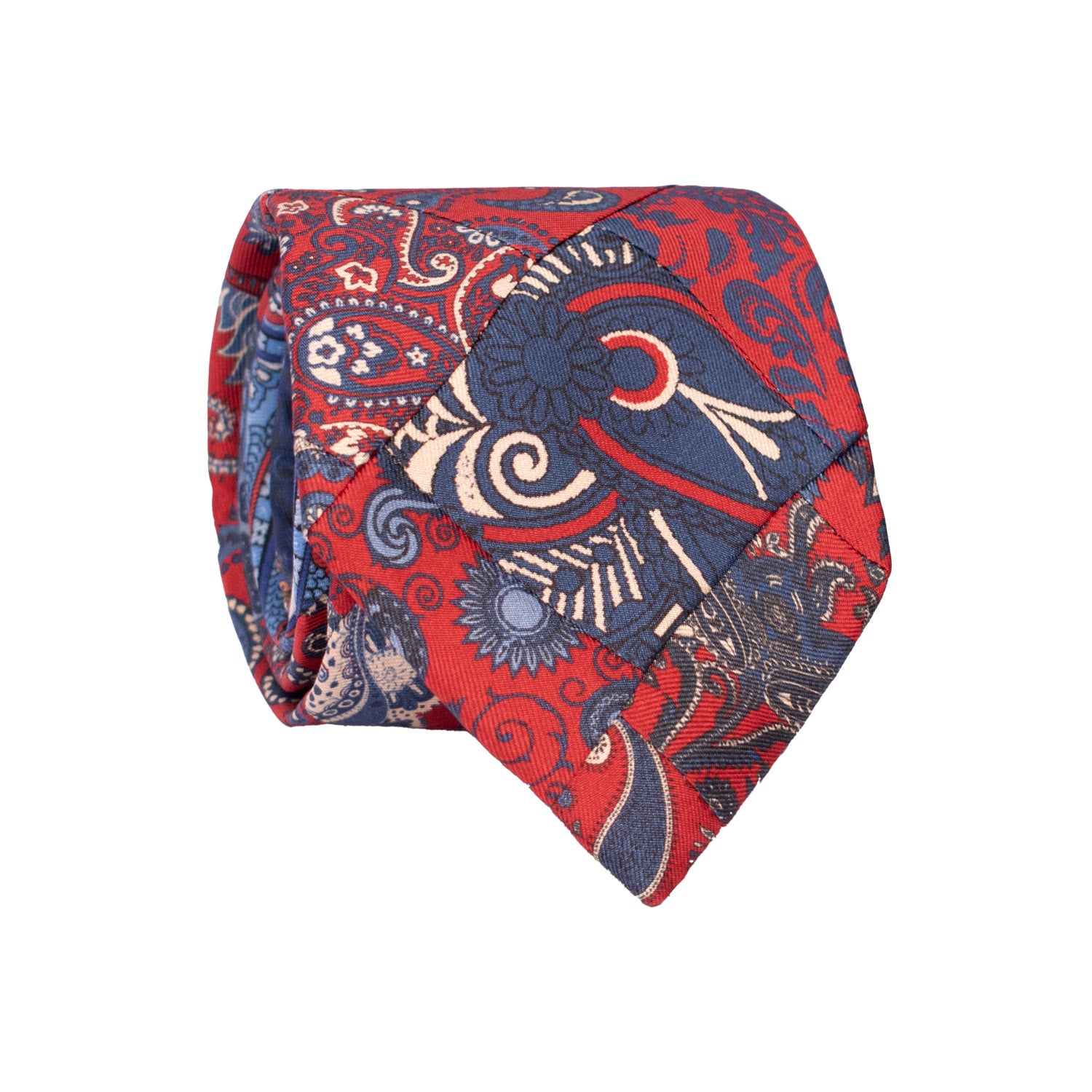 Cravatta Mosaico Vintage Patchwork di Seta Rossa Paisley Bianco Blu PM1228 Made in Italy Graffeo Cravatte Rotolo