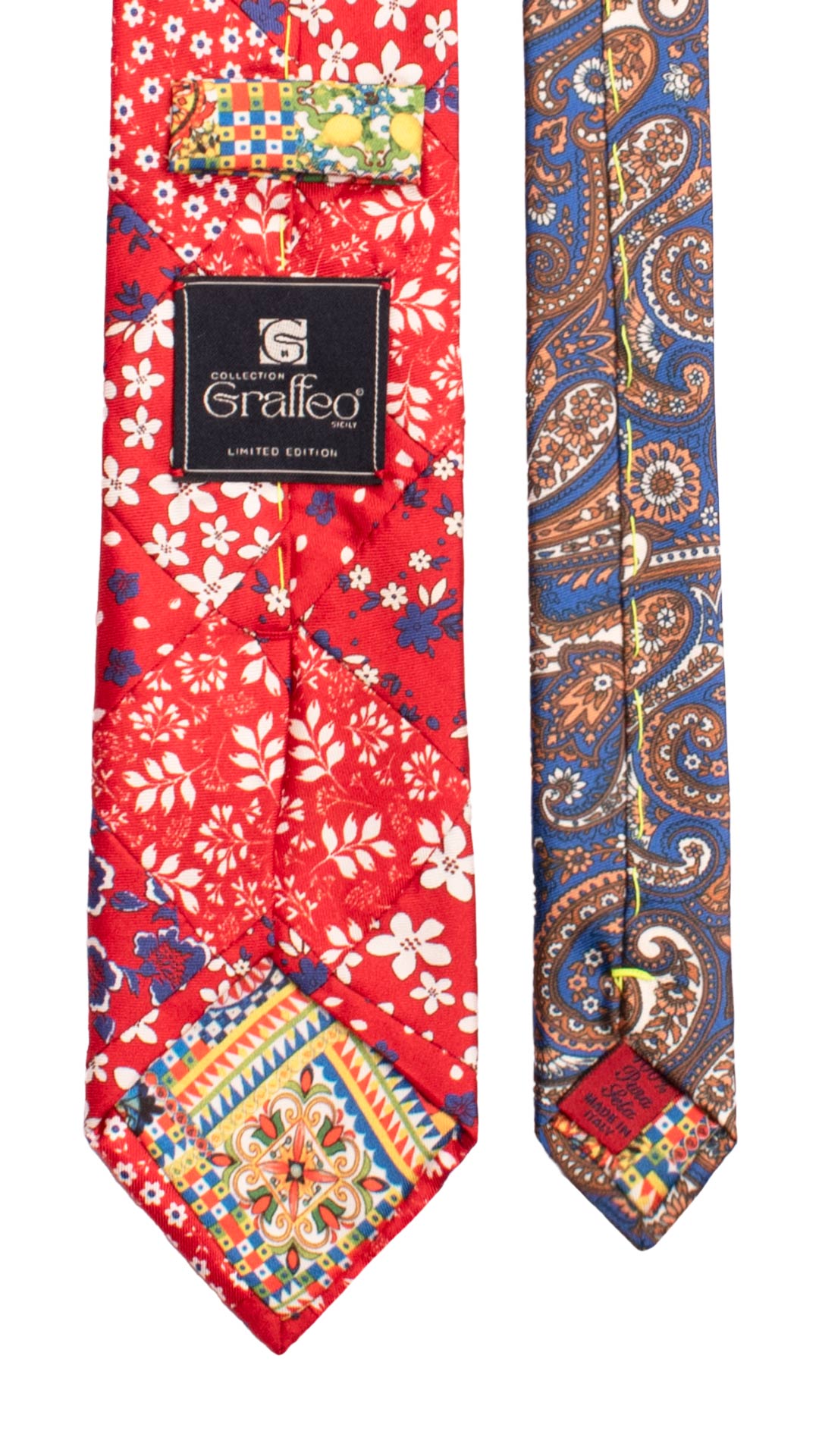 Cravatta Mosaico Vintage Patchwork di Seta Rossa a Fiori Bianco Bluette PM1229 Made in Italy Graffeo Cravatte Pala