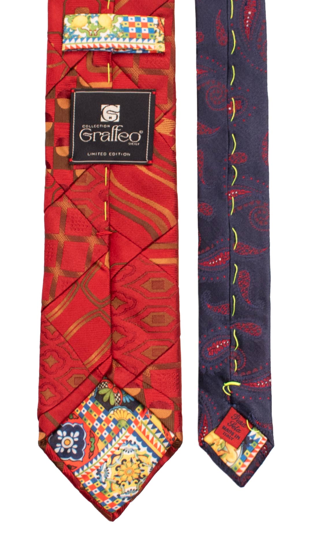 Cravatta Mosaico Vintage Patchwork di Seta Rosso Bordeaux Fantasia Verde Marrone PM1120 Graffeo Cravatte Made in Italy Pala