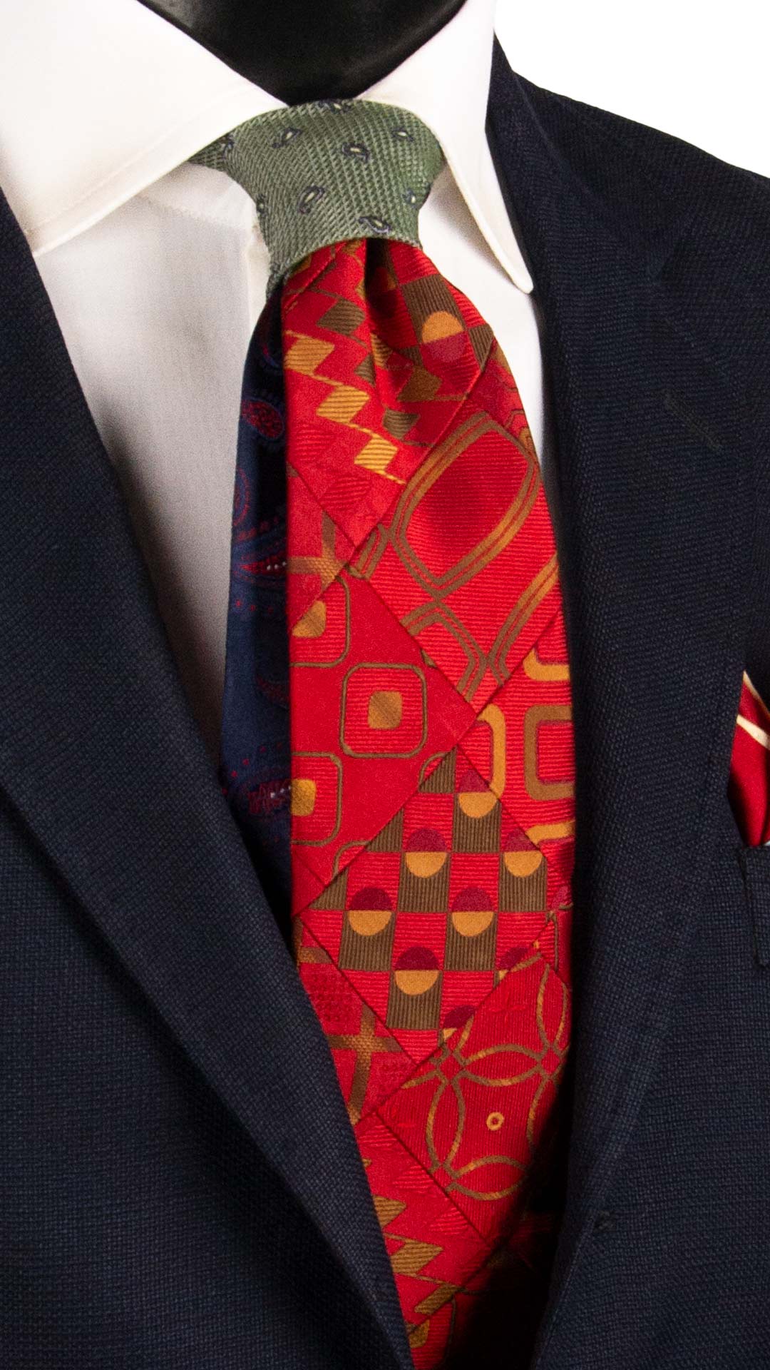 Cravatta Mosaico Vintage Patchwork di Seta Rosso Bordeaux Fantasia Verde Marrone PM1120 Graffeo Cravatte Made in Italy