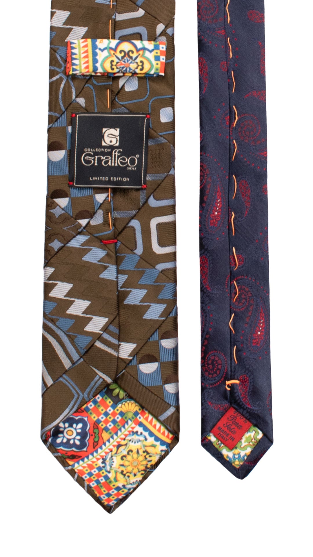 Cravatta Mosaico Vintage Patchwork di Seta Verde Scuro Fantasia Bluette Celeste Grigia PM1180 Graffeo Cravatte Made in Italy Pala