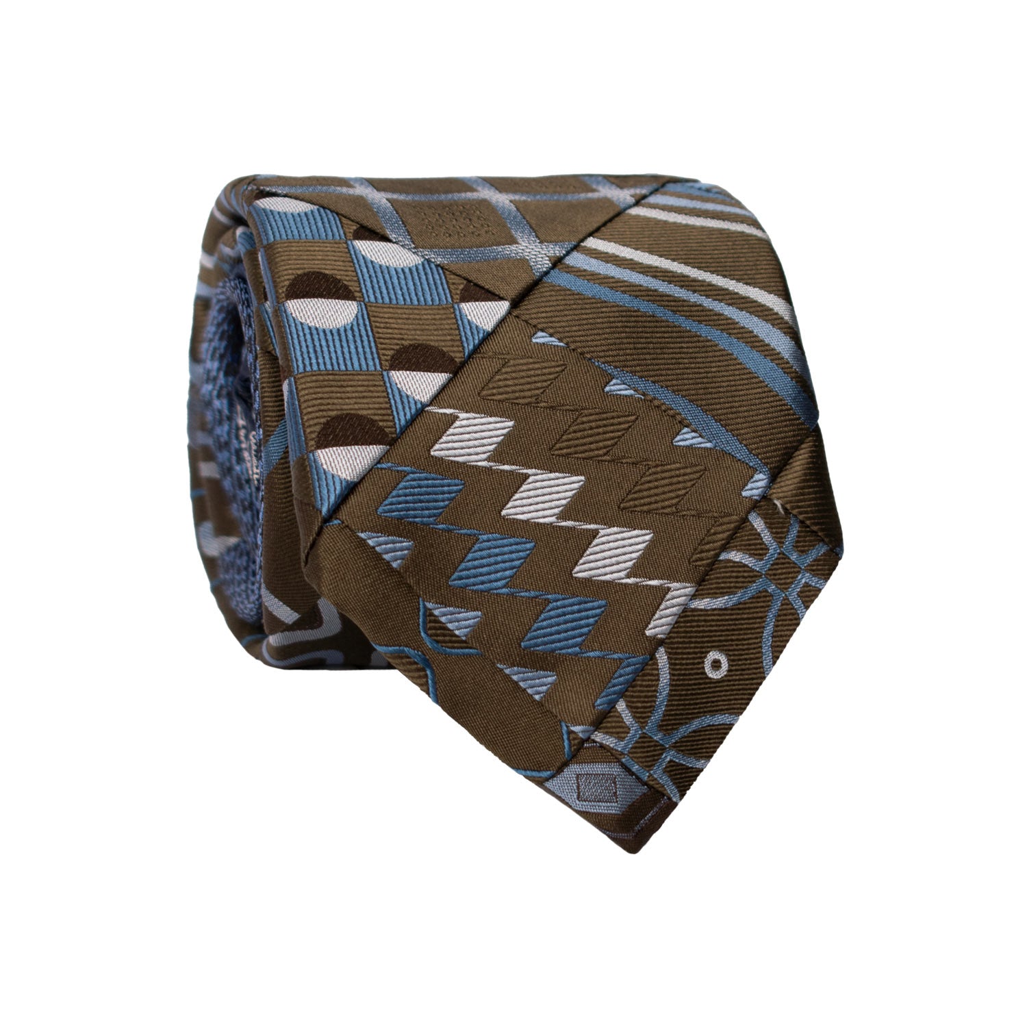 Cravatta Mosaico Vintage Patchwork di Seta Verde Scuro Fantasia Bluette Celeste Grigia PM1180 Graffeo Cravatte Made in Italy Rotolo