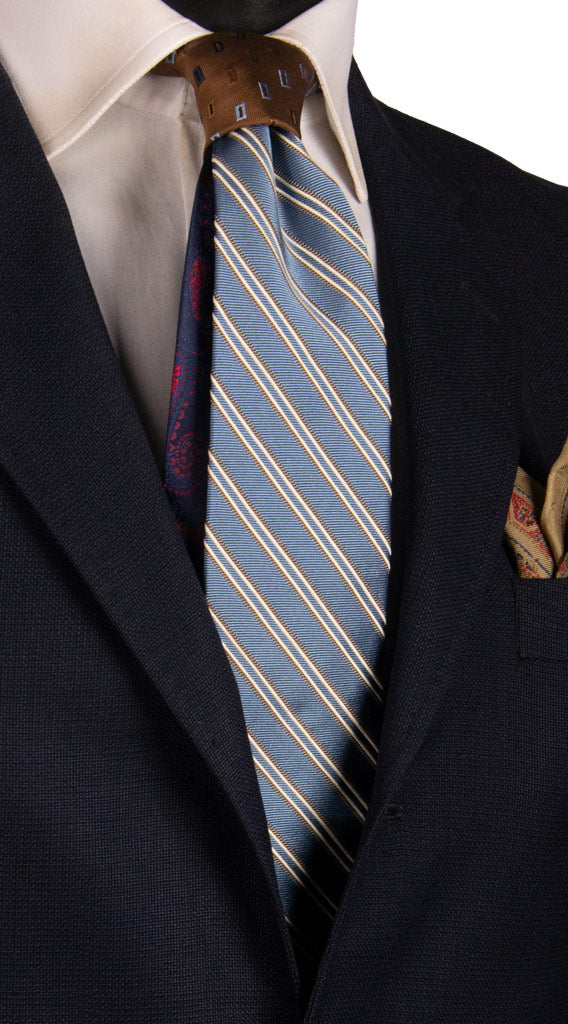 Cravatta Regimental Avio a Righe Marroni Bianche Nodo in Contrasto Marrone Blu Celeste N3227 Made in Italy Graffeo Cravatte