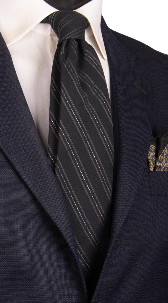 Cravatta Regimental da Cerimonia di Seta Blu Notte con Righe Grigie Lurex CY6885 Made in Italy Graffeo Cravatte