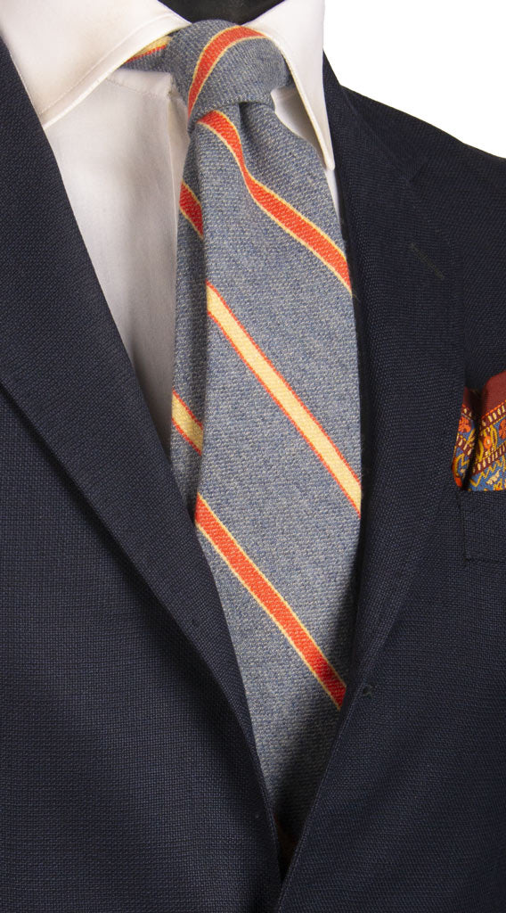 Cravatta Regimental di Lana Color Jeans con Righe Arancioni Gialle Made in Italy Graffeo Cravatte