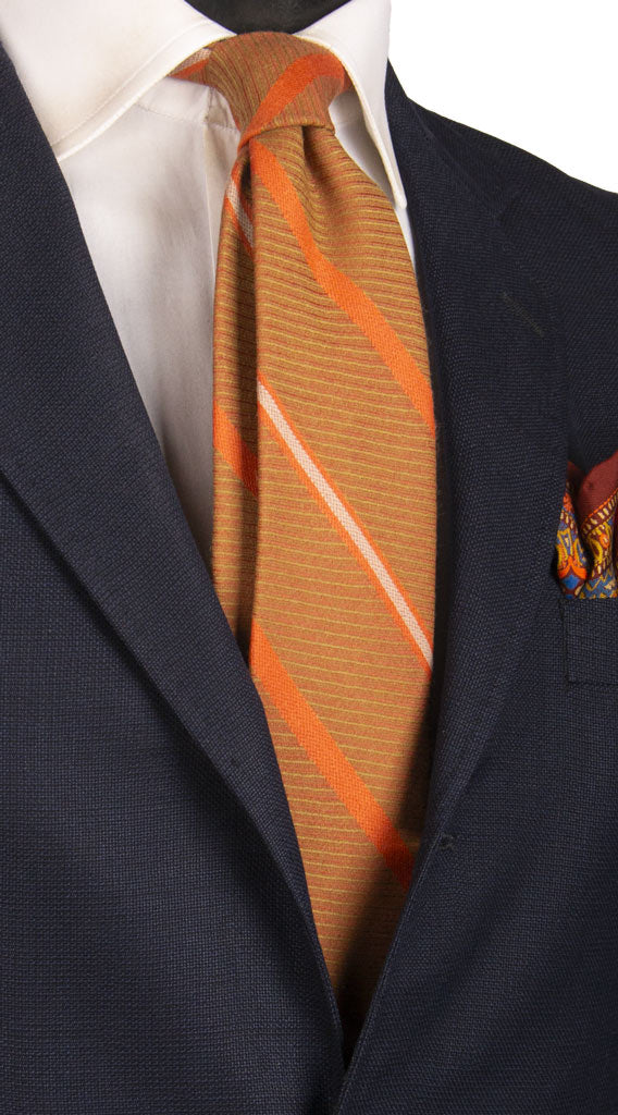 Cravatta Regimental di Lana Verde Color Ruggine con Righe Arancioni Grigie Made in italy Graffeo Cravatte