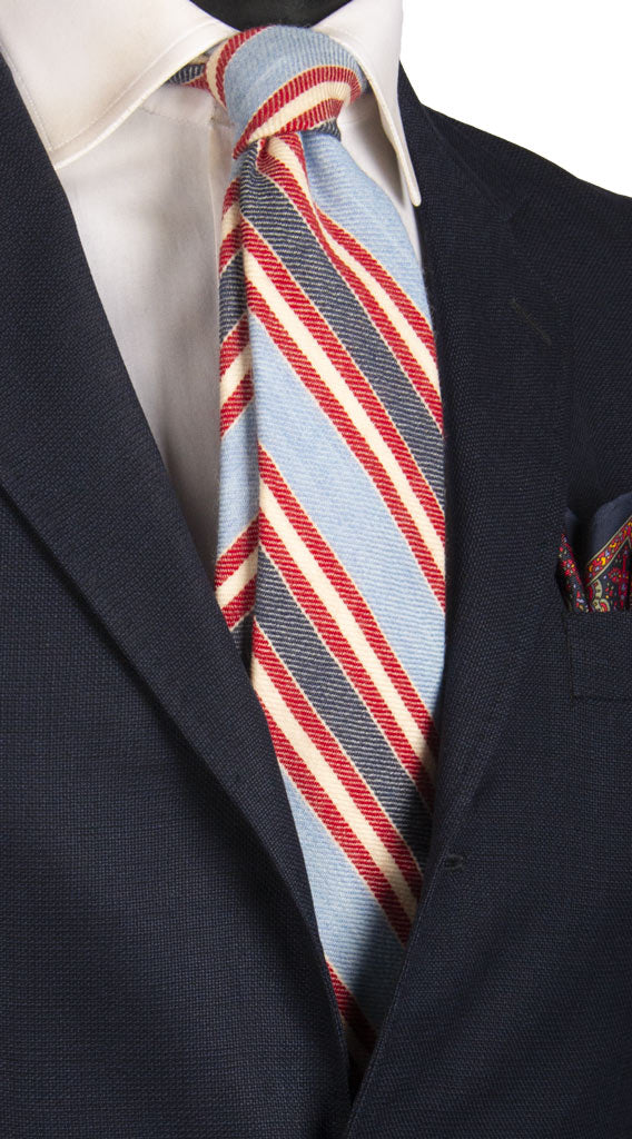 Cravatta Regimental di Lana con Righe Celesti Blu Rosso Bianco Panna Made in Italy Graffeo Cravatte