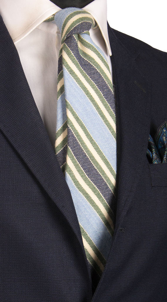 Cravatta Regimental di Lana con Righe Celesti Blu Verde Bianco Panna Made in Italy Graffeo Cravatte