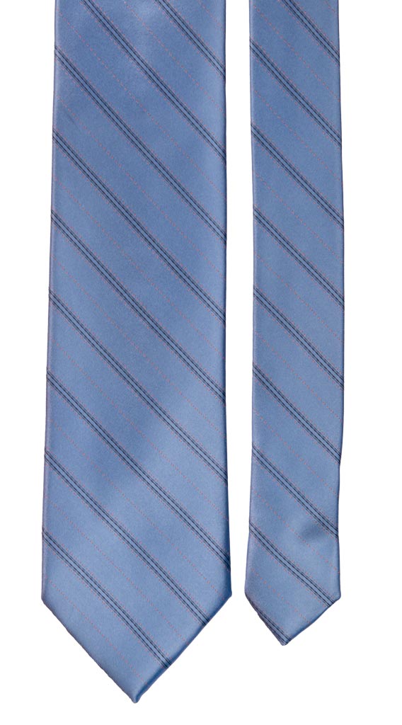 Cravatta Regimental di Seta Azzurra con Righe Nere Arancioni 6897 Pala