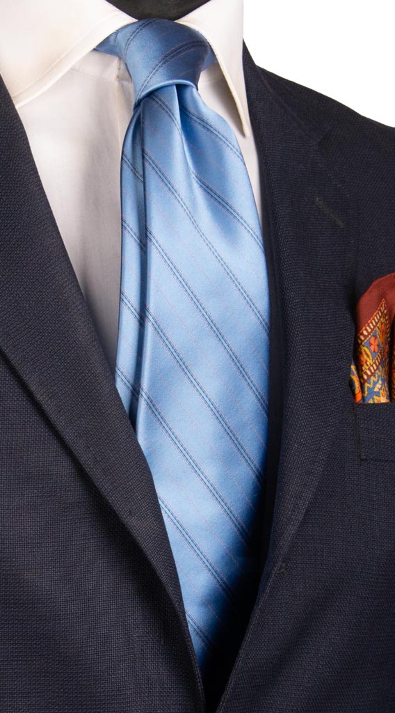 Cravatta Regimental di Seta Azzurra con Righe Nere Arancioni 6897 Made in Italy Graffeo Cravatte