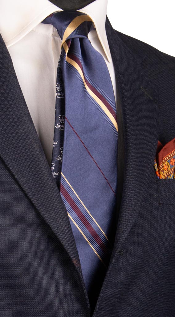Cravatta Regimental di Seta Blu Avio con Righe Borgogna Beige 6878 Made in italy Graffeo Cravatte