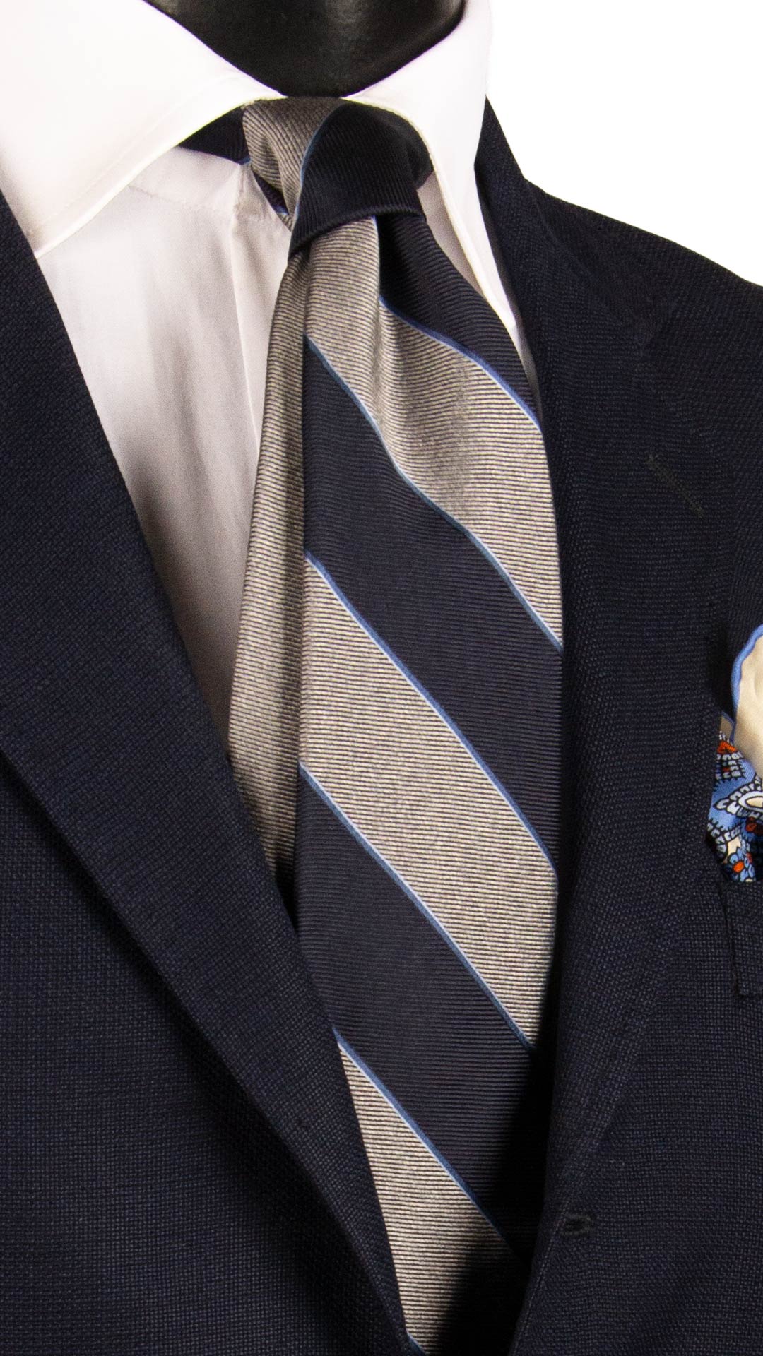 Cravatta Regimental di Seta Blu Grigia con Righe Avio Celesti 7335 Graffeo Cravatte Made in Italy