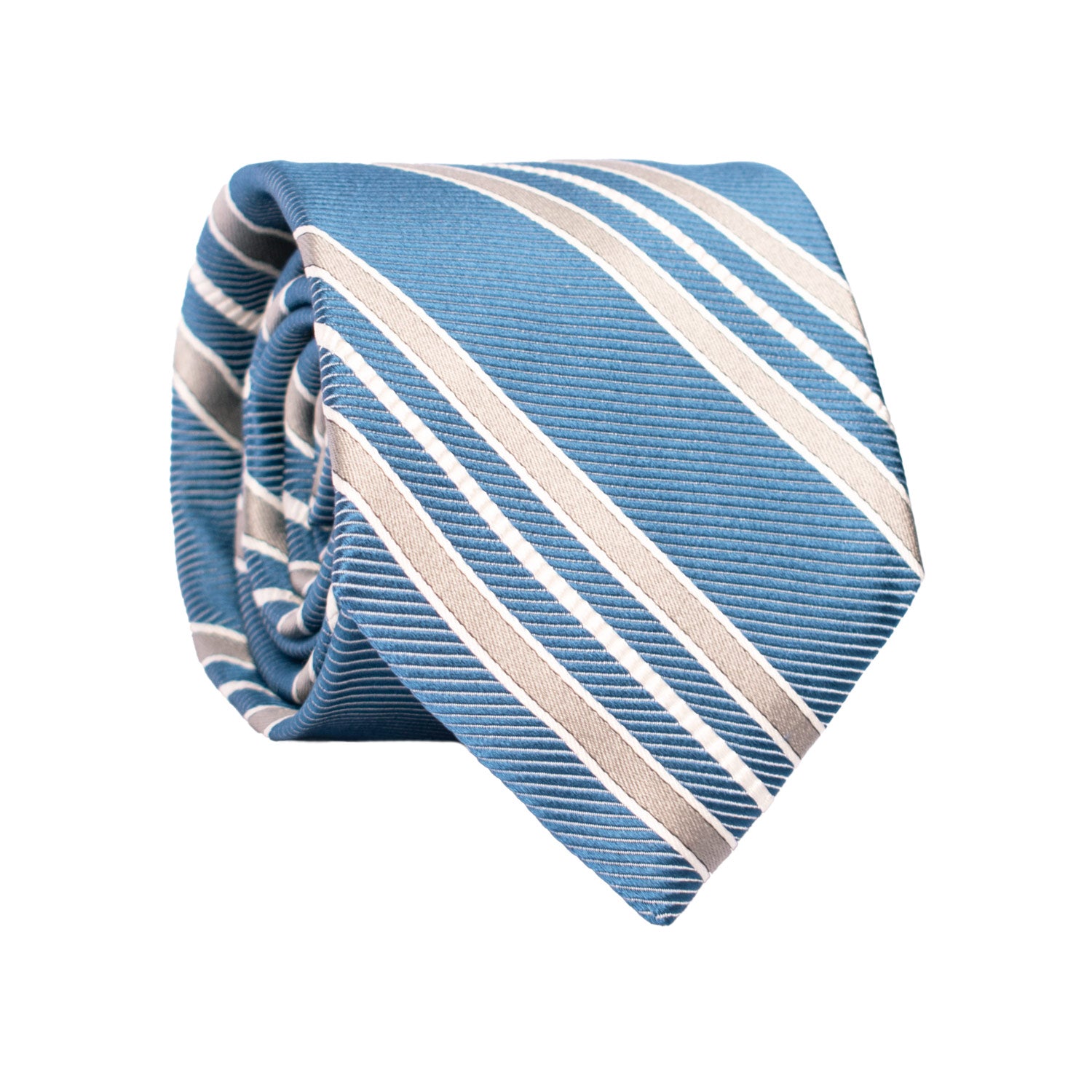 Cravatta Regimental di Seta Blu Petrolio con Righe Grigio Argento Bianco 7446 Made in Italy Graffeo Cravatte Rotolo