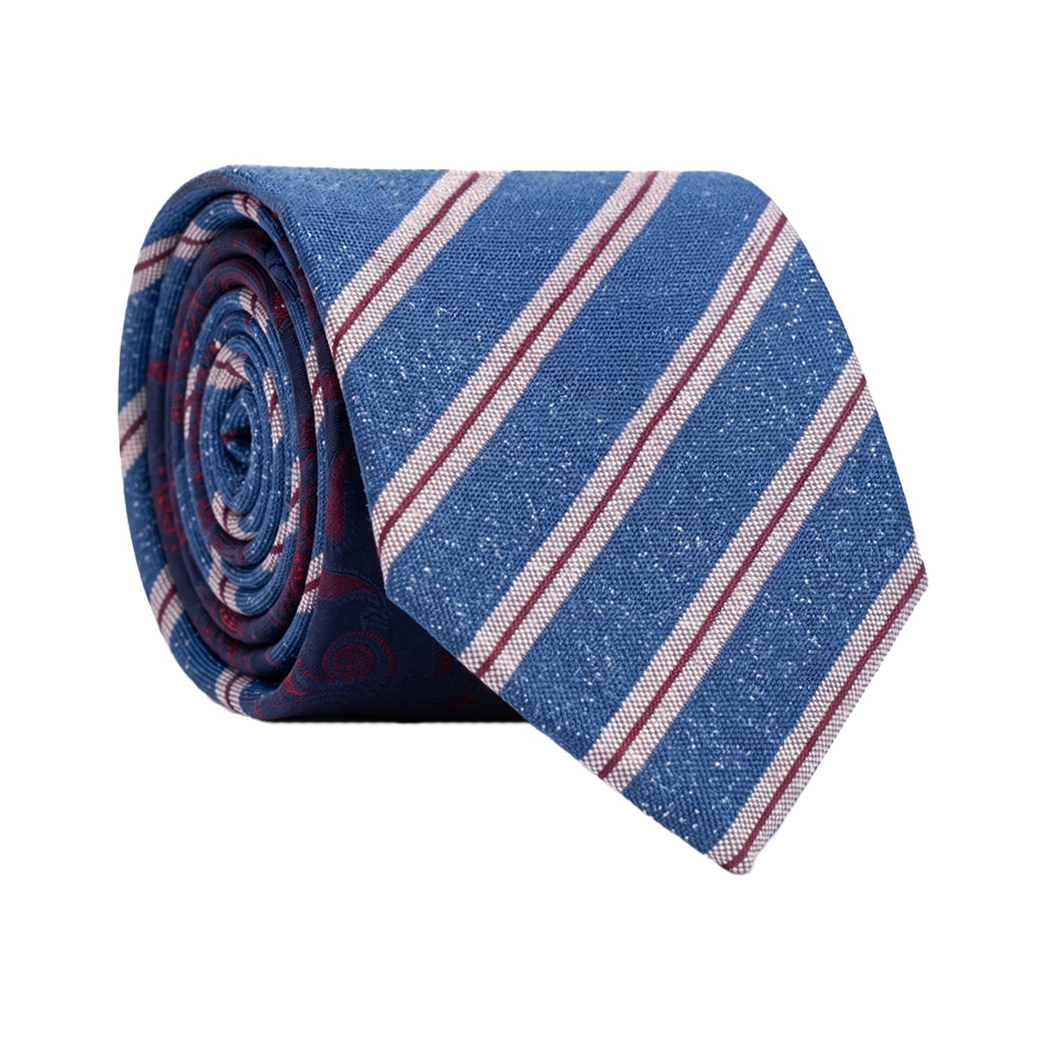 Cravatta Regimental di Seta Blu con Righe Bianco Panna Rosse Nodo in Contrasto Rosso Fantasia Tono Tono N3292 Made in Italy Graffeo Cravatte Rotolo