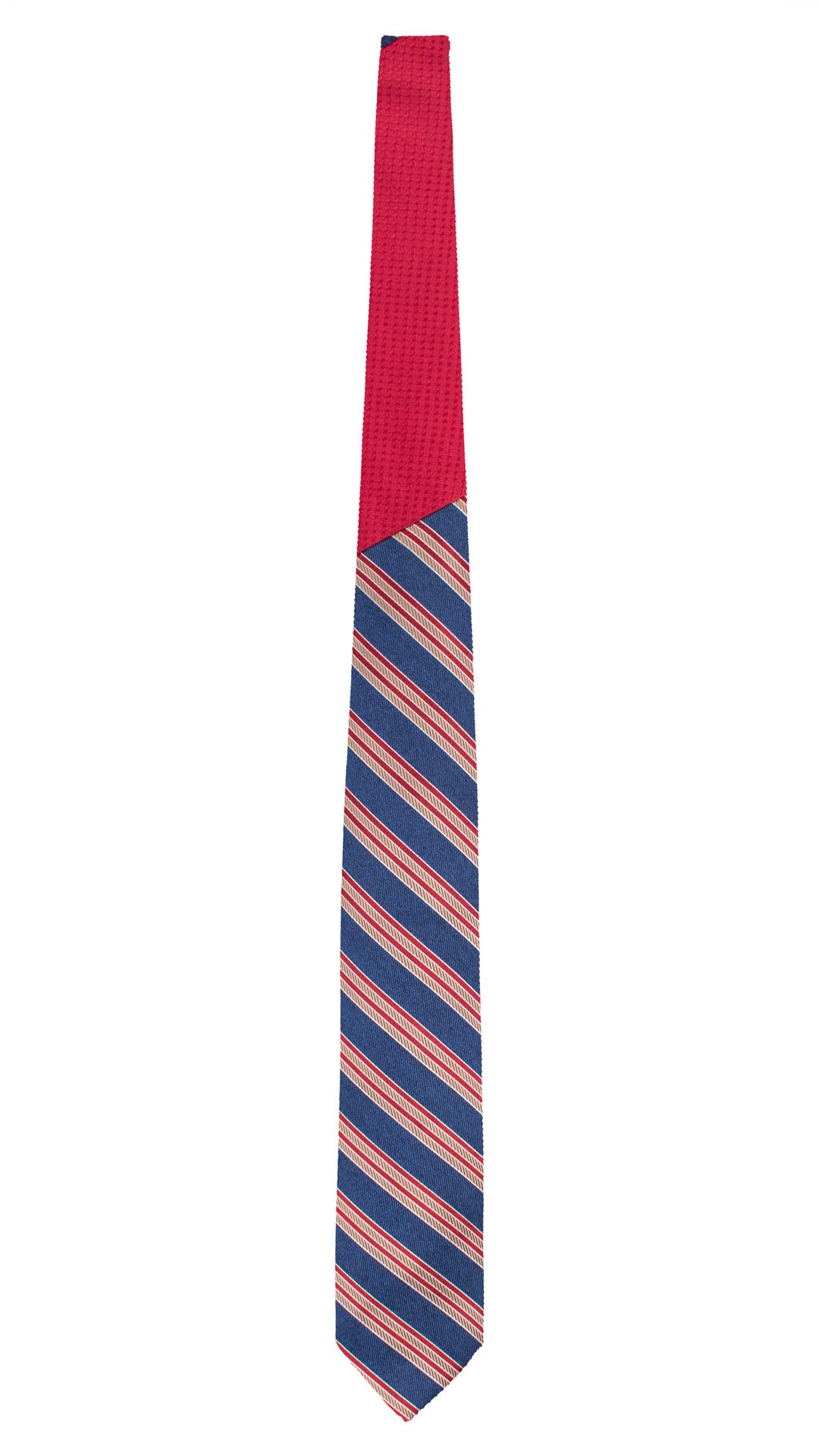Cravatta Regimental di Seta Blu con Righe Marrone Chiaro Bianche Rosse Nodo in Contrasto Rosso Tono su Tono N3299 Made in Italy Graffeo Cravatte Intera