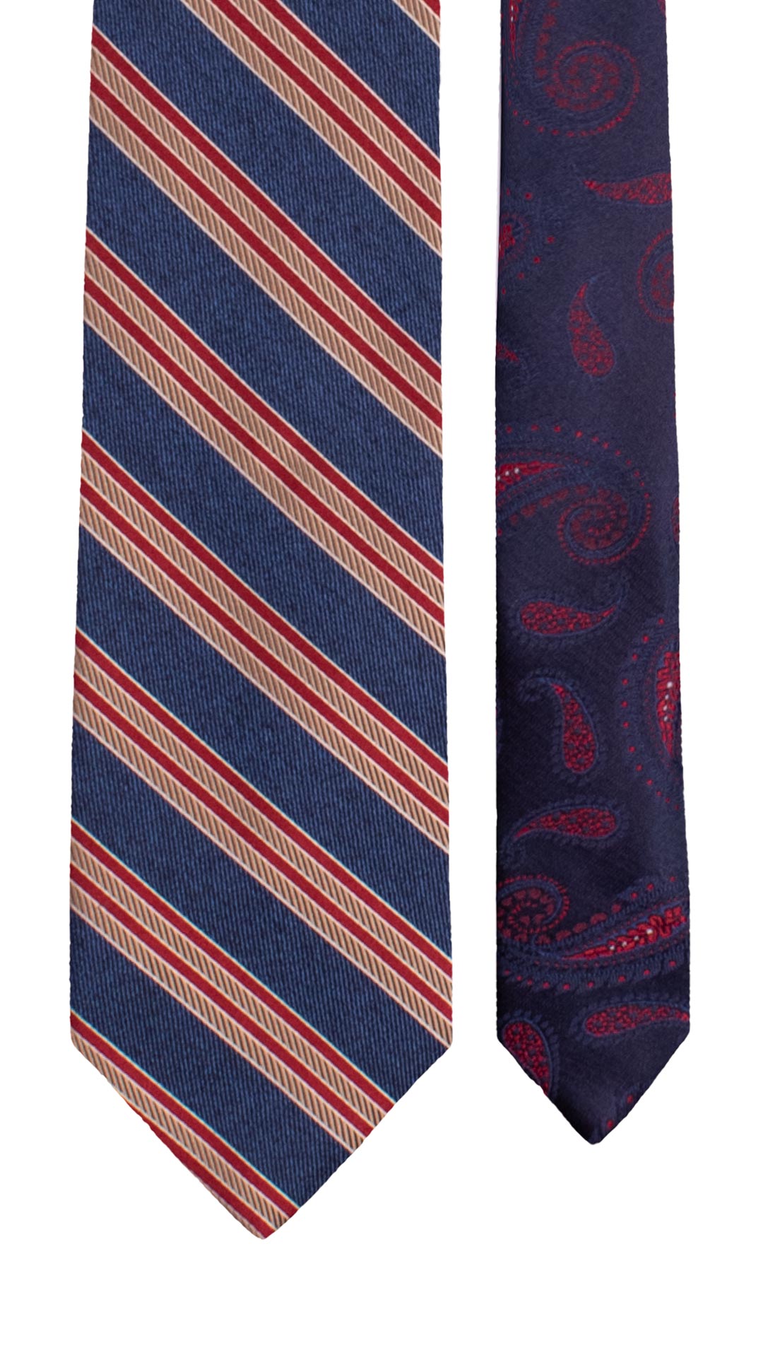 Cravatta Regimental di Seta Blu con Righe Marrone Chiaro Bianche Rosse Nodo in Contrasto Rosso Tono su Tono N3299 Made in Italy Graffeo Cravatte Pala