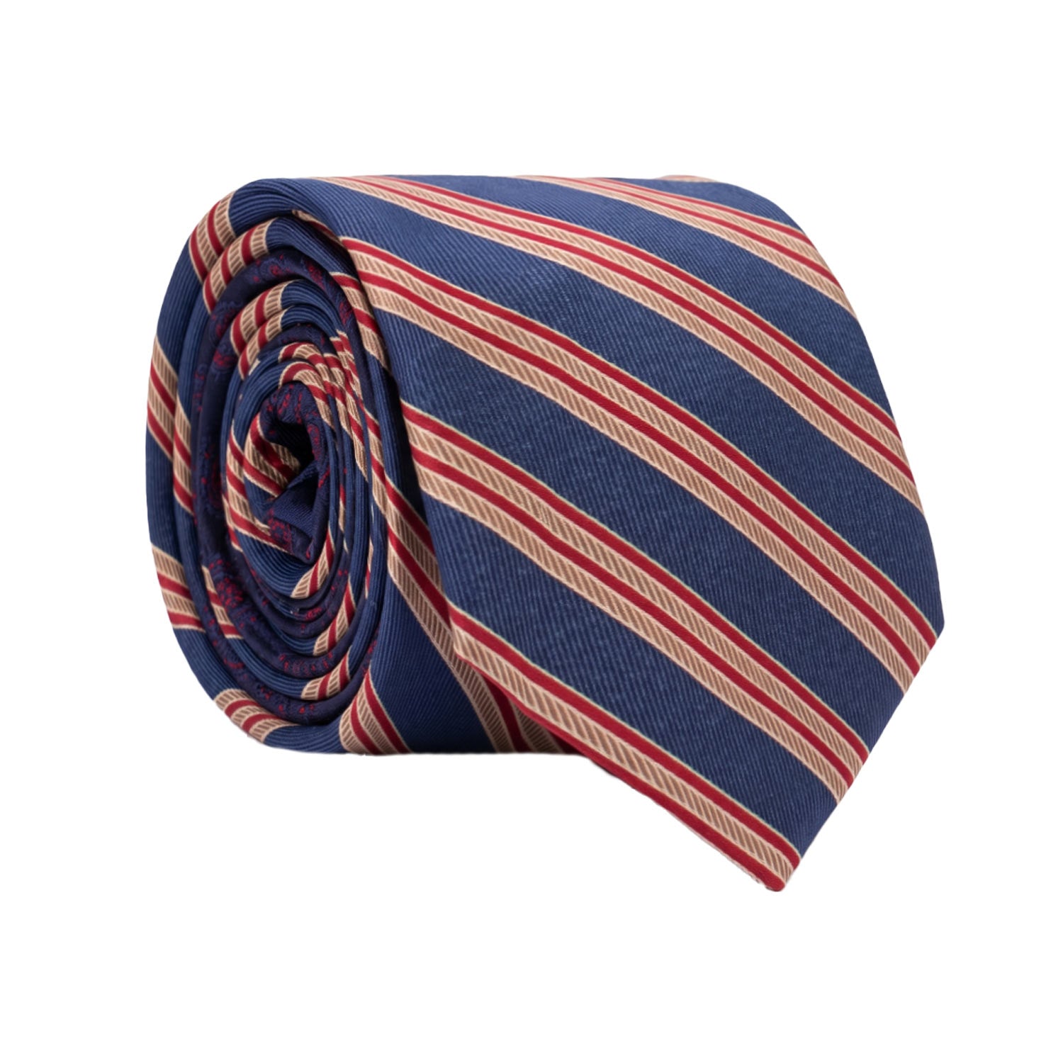 Cravatta Regimental di Seta Blu con Righe Marrone Chiaro Bianche Rosse Nodo in Contrasto Rosso Tono su Tono N3299 Made in Italy Graffeo Cravatte Rotolo