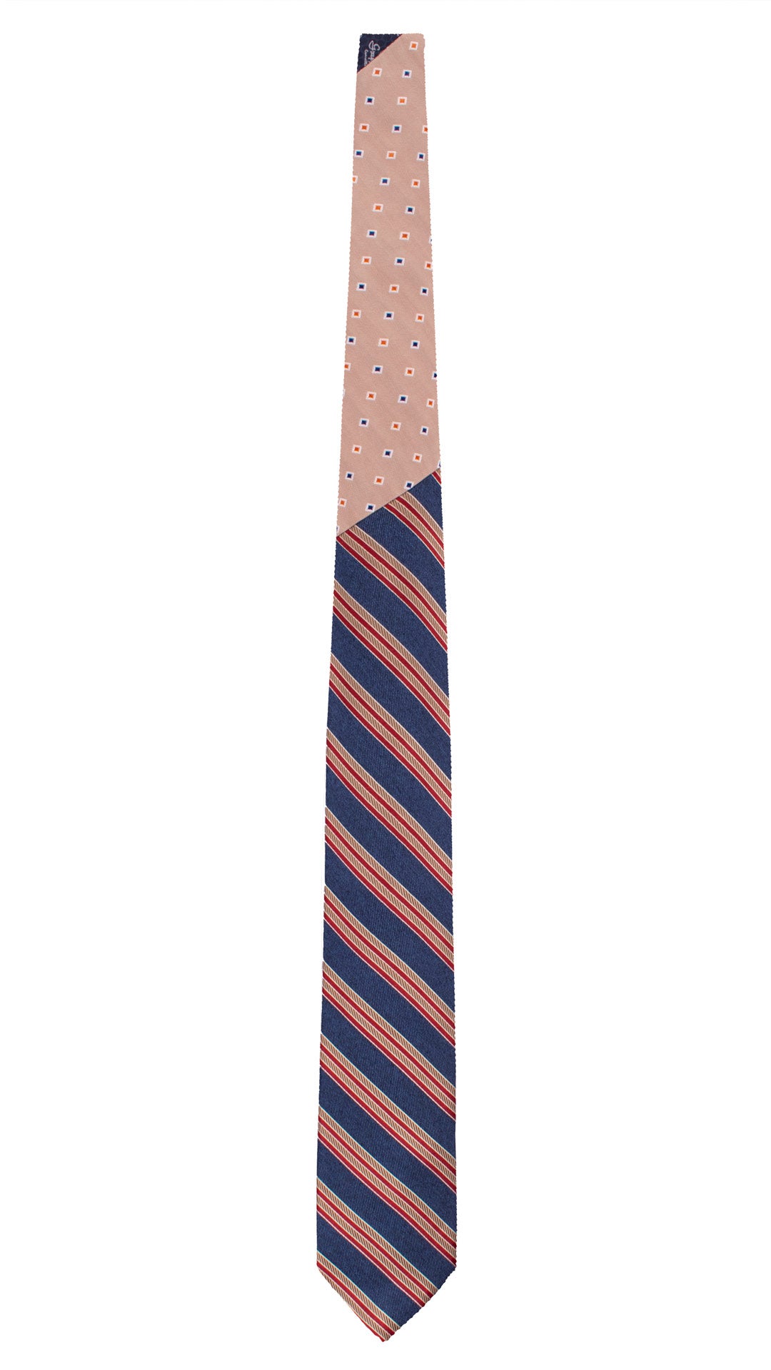 Cravatta Regimental di Seta Blu con Righe Rosse Beige Bianche Nodo in Contrasto Beige Fantasia Multicolor N3365 Made in Italy Graffeo Cravatte Intera