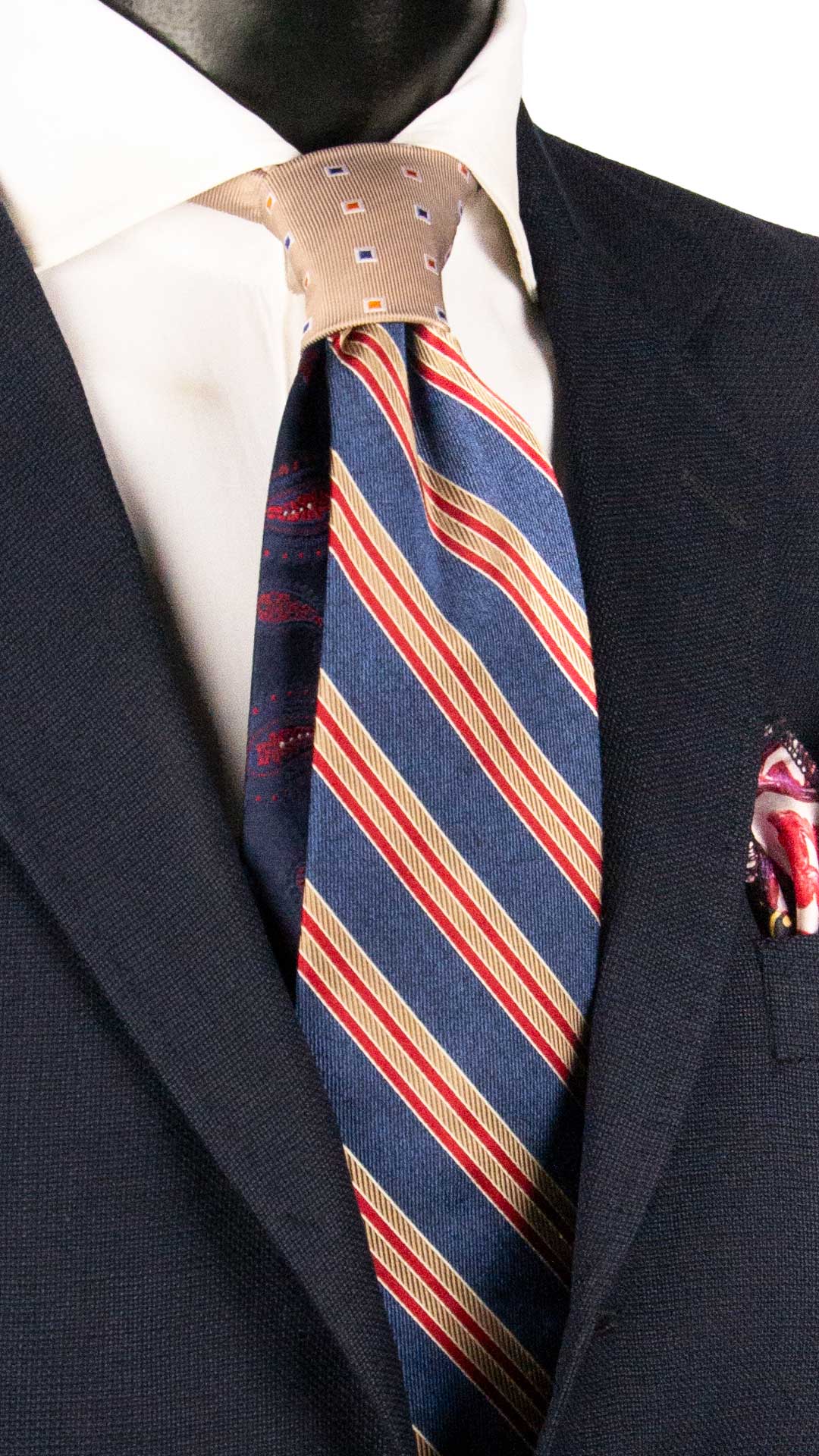 Cravatta Regimental di Seta Blu con Righe Rosse Beige Bianche Nodo in Contrasto Beige Fantasia Multicolor N3365 Made in Italy Graffeo Cravatte