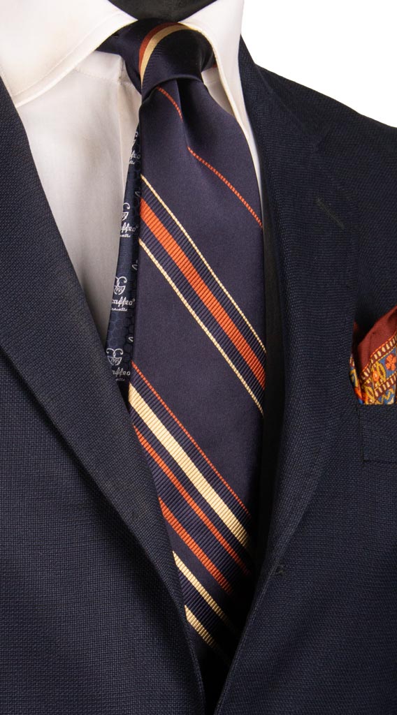 Cravatta Regimental di Seta Blu con Righe Ruggine Beige 6875 Made in italy Graffeo Cravatte