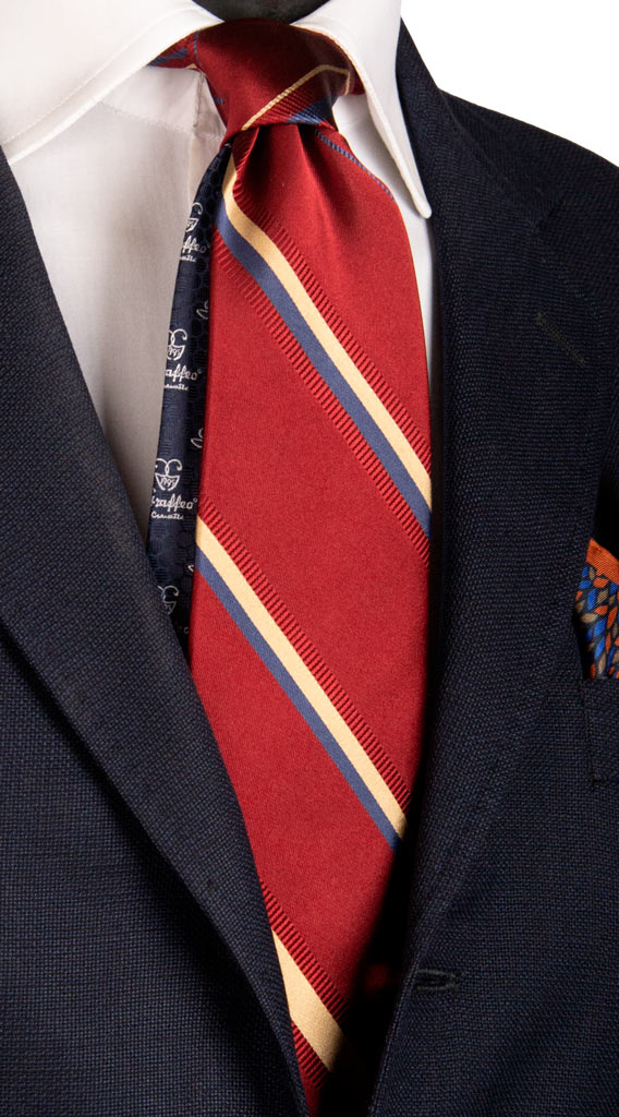 Cravatta Regimental di Seta Bordeaux con Righe Blu Avio Beige Made in Italy Graffeo Cravatte