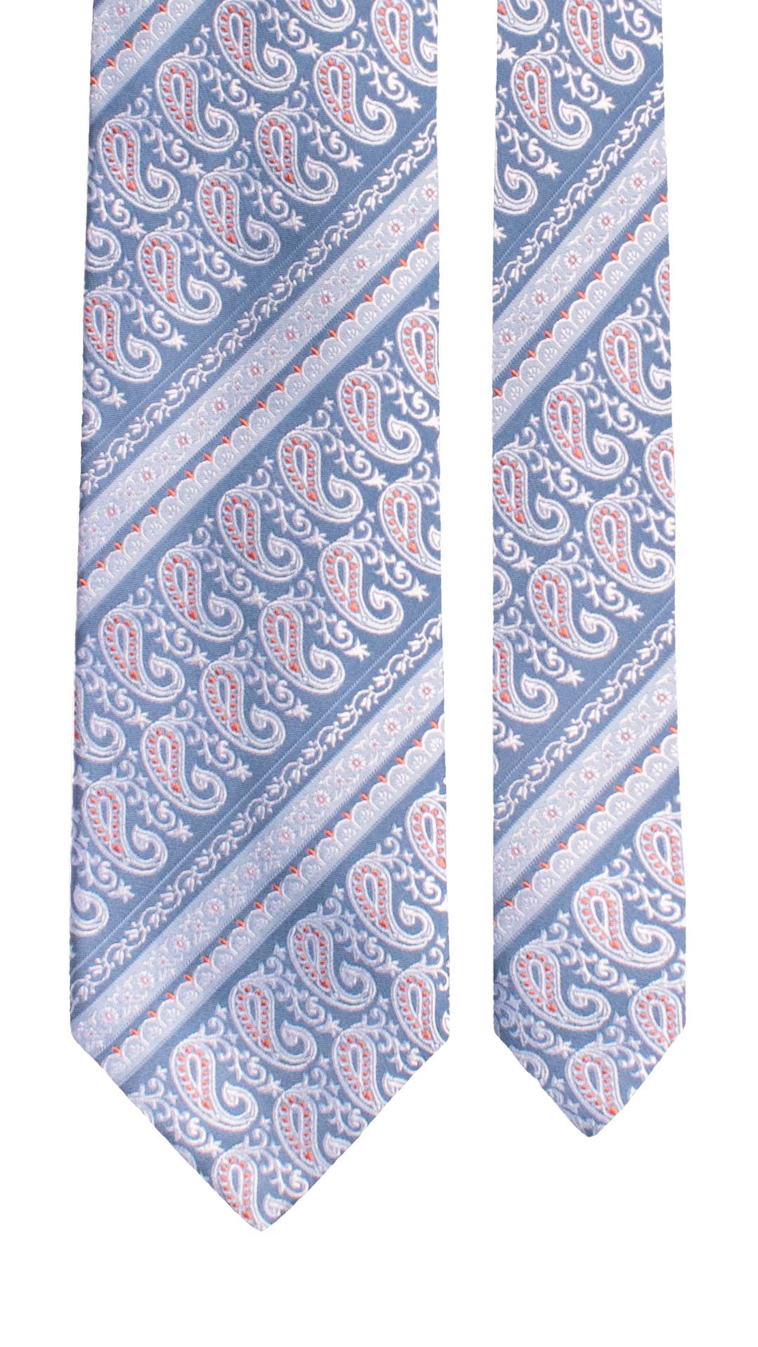 Cravatta Regimental di Seta Celeste Paisley Azzurro Arancione Bianco 1631 Graffeo Cravatte Made in Italy Pala