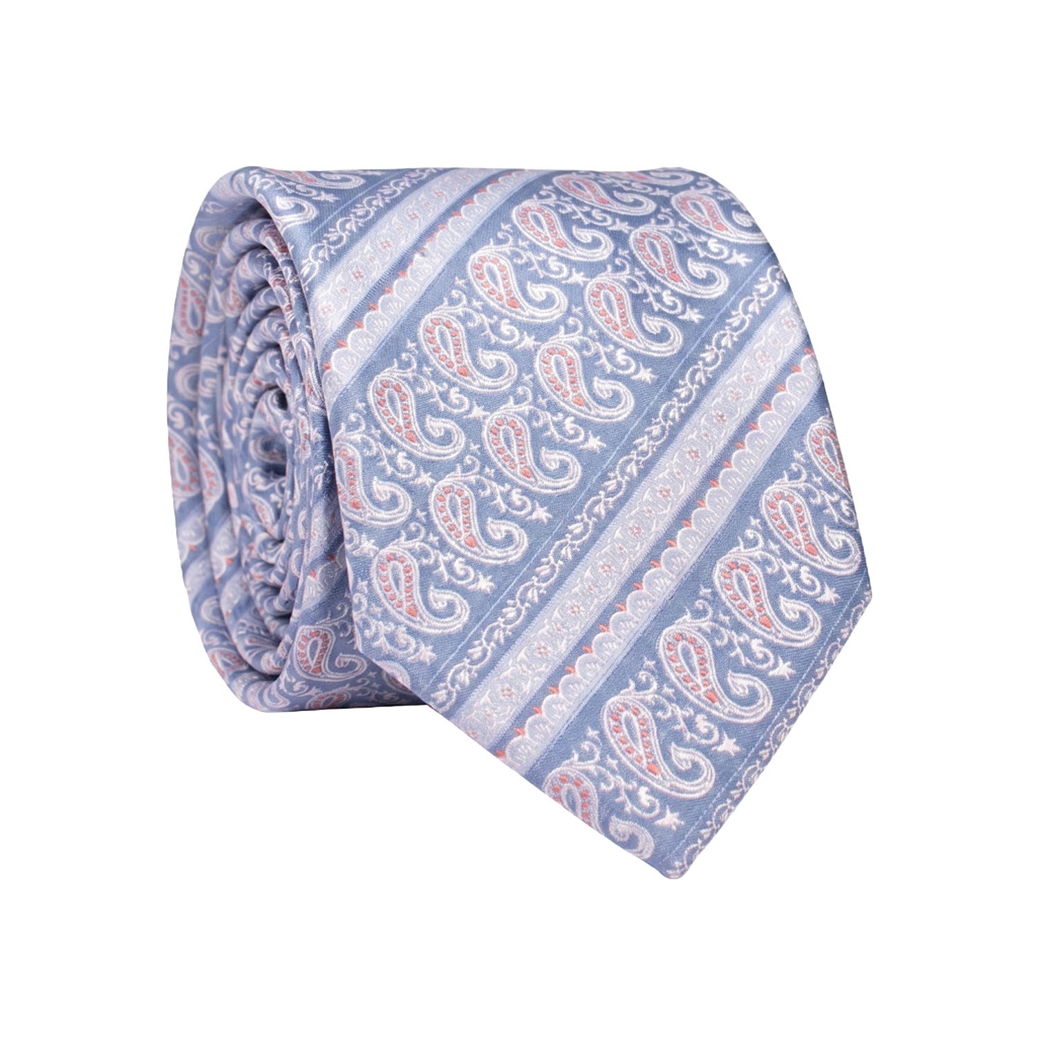 Cravatta Regimental di Seta Celeste Paisley Azzurro Arancione Bianco 1631 Graffeo Cravatte Made in Italy Rotolo