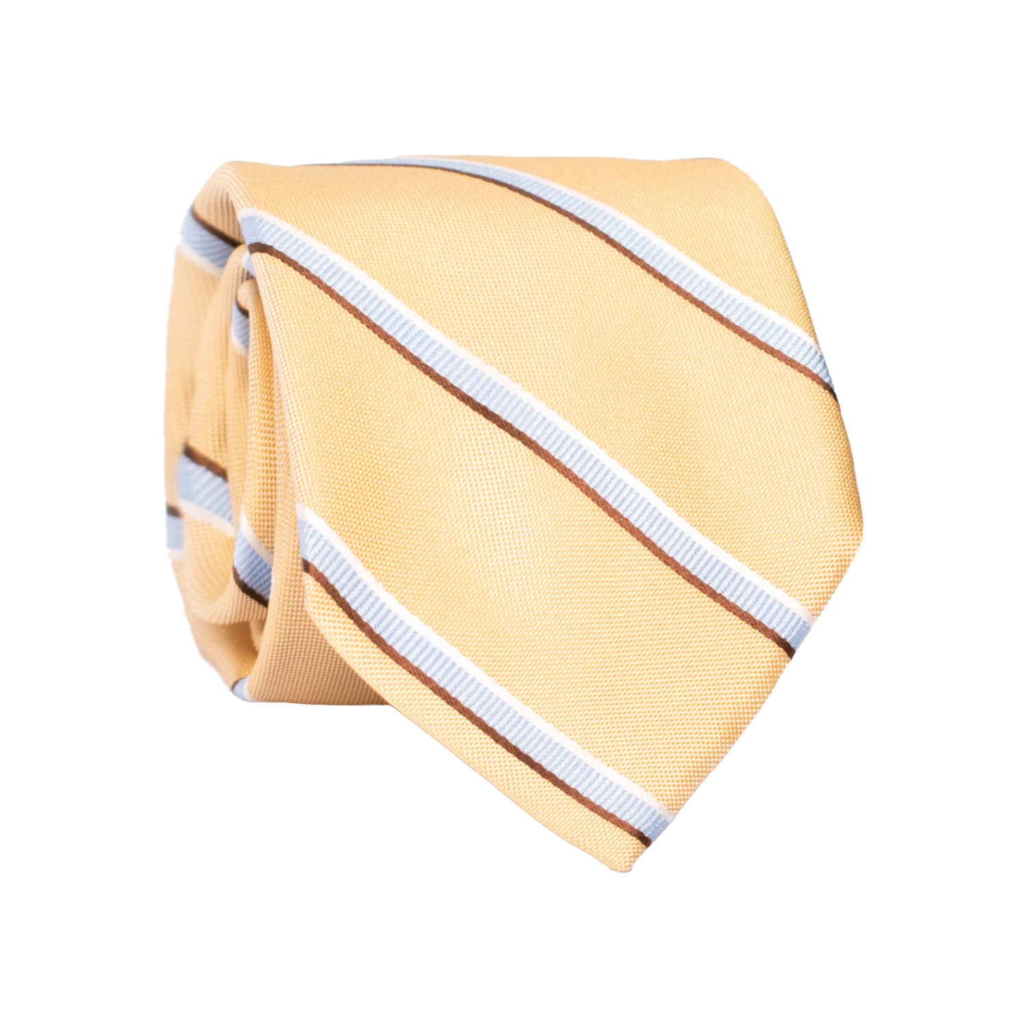 Cravatta Regimental di Seta Giallo Crema con Righe Celeste Marrone Bianco 7461 Made in Italy Graffeo Cravatte Rotolo
